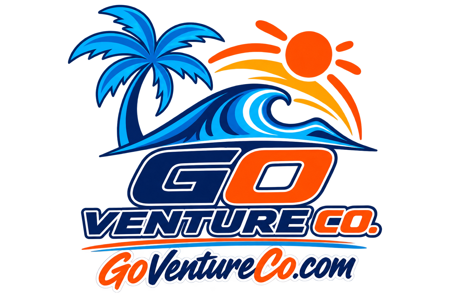 Logo for Go Venture Co. featuring a sunset, palm tree, and ocean wave with the website GoVentureCo.com.