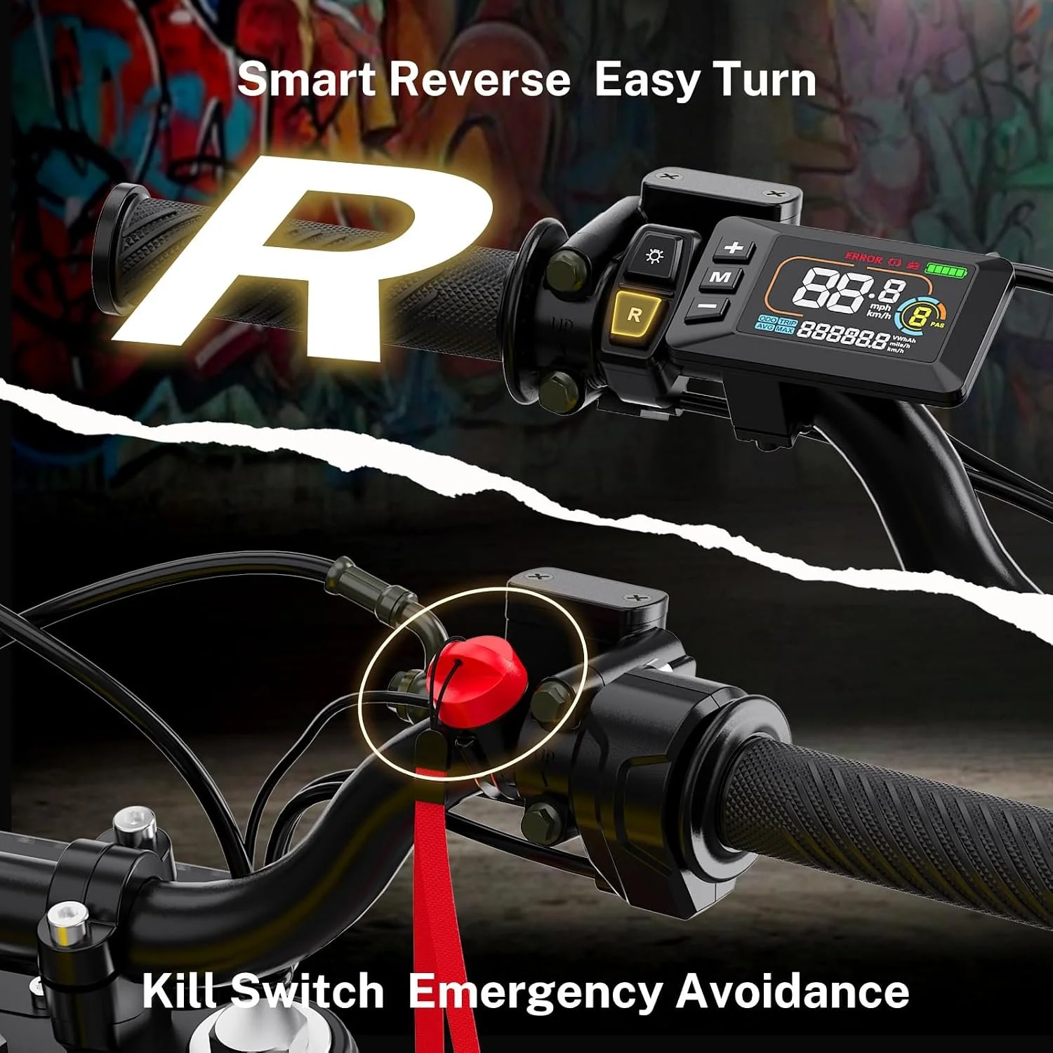 An electric scooter handlebar with a display screen showing speed, battery, and error status, and a kill switch labeled 'R'. Text above reads 'Smart Reverse Easy Turn'. A red ribbon is attached to the handlebar and a red kill switch is highlighted. Text at bottom says 'Kill Switch Emergency Avoidance'.