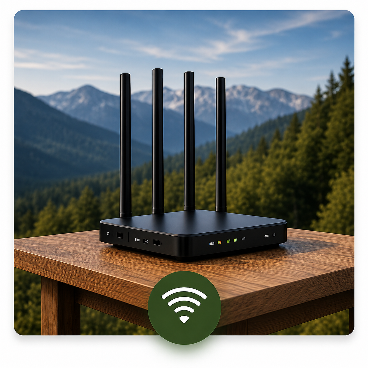 Wireless router with four antennas on a wooden table outdoors with mountains and trees in the background.