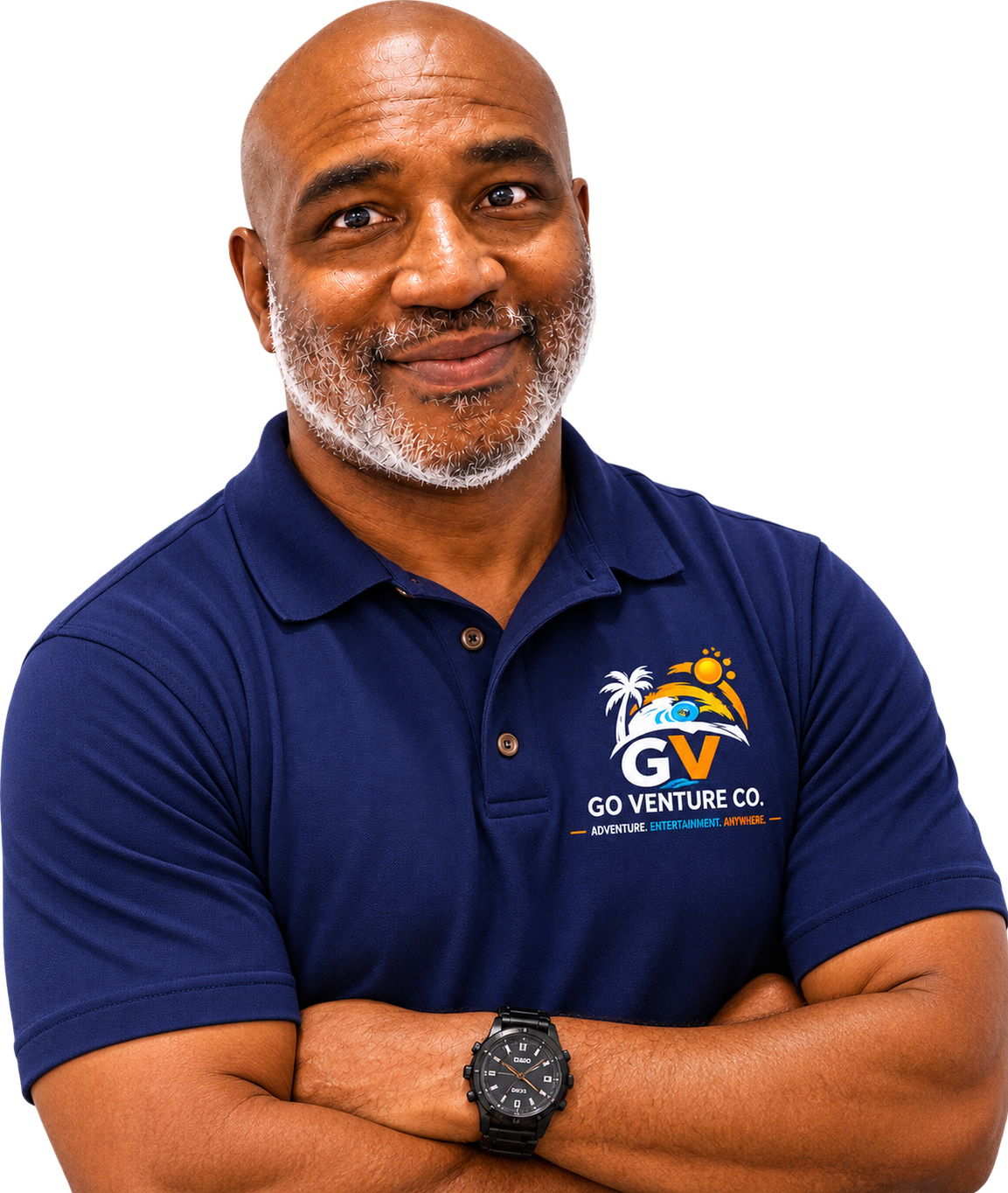 A smiling man with a gray beard and shaved head, wearing a navy blue polo shirt with a logo that reads 'GV GO VENTURE CO. Adventure. Entertainment. Anywhere.' and a black watch, standing against a background with a red geometric shape.
