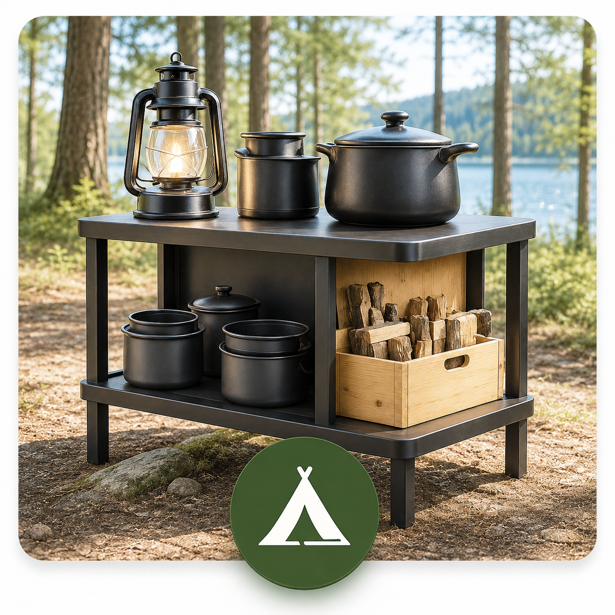Outdoor camping kitchen with black pots, pans, a lantern, and firewood on a black and wood table by a lake and trees.
