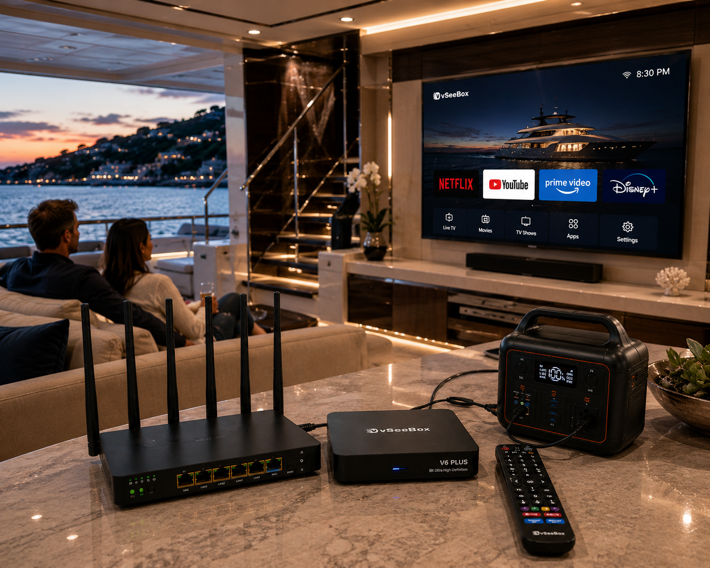 Living room on a yacht with a large TV showing streaming apps, two people watching, and a view of the water and hills at sunset outside the window, with a Wi-Fi router and power station on the marble countertop.