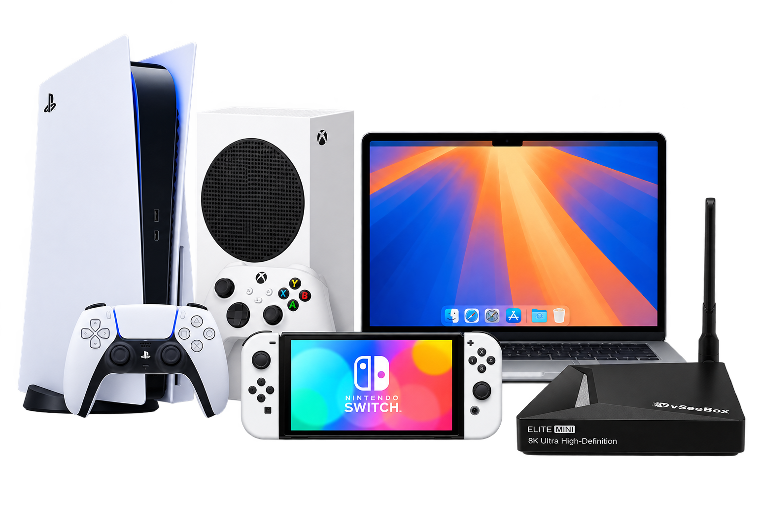 Collection of electronic devices including a PlayStation 5 console, an Xbox Series X console, a Nintendo Switch handheld, a MacBook laptop, a VSeeBox 8K Ultra High-Definition streaming device, and a wireless antenna.