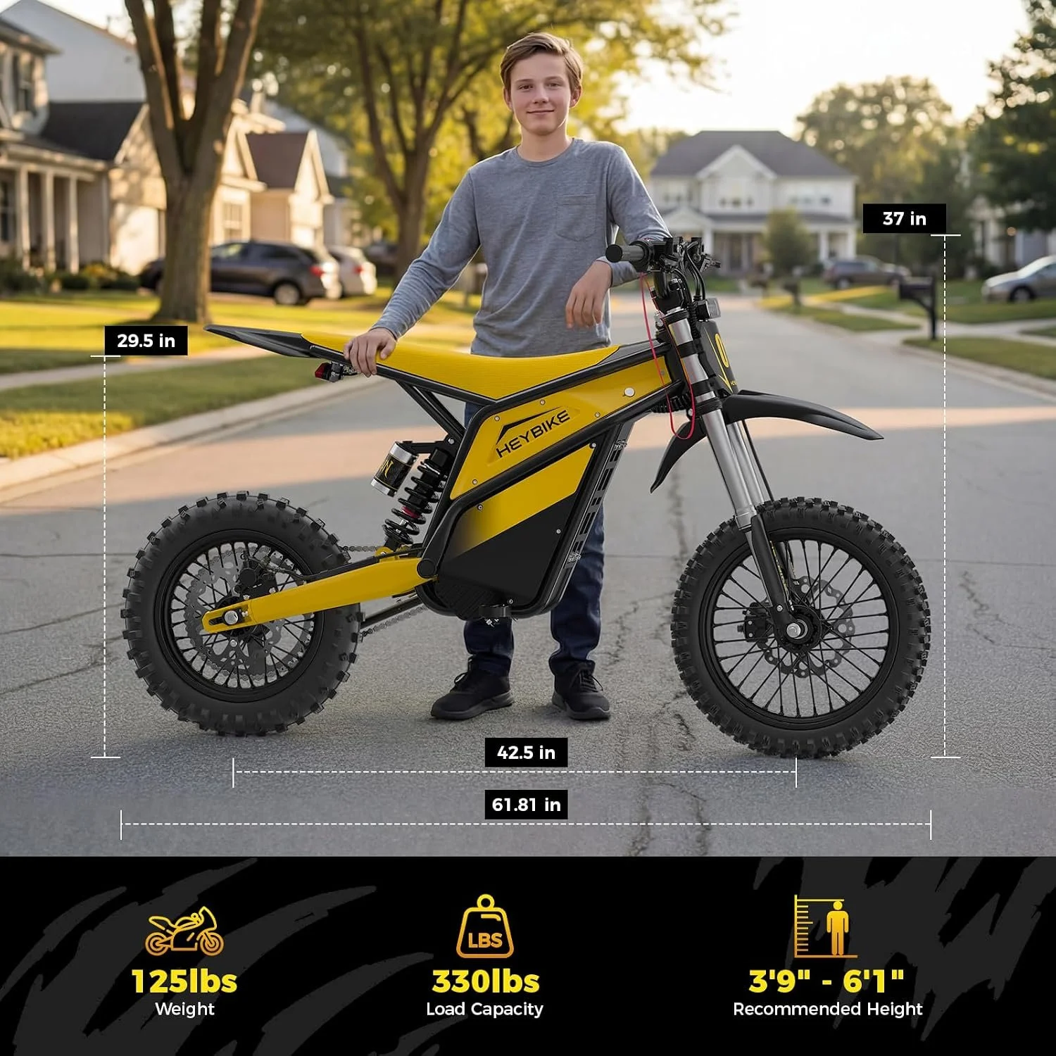A teenage boy standing next to a yellow and black electric off-road motorcycle on a residential street during daytime. The image includes measurements for the motorcycle's dimensions: height 37 inches, length 42.5 inches, and width 29.5 inches. The bottom section displays the motorcycle's specifications: weight 125 pounds, load capacity 330 pounds, and recommended height range 3 feet 9 inches to 6 feet 1 inch.
