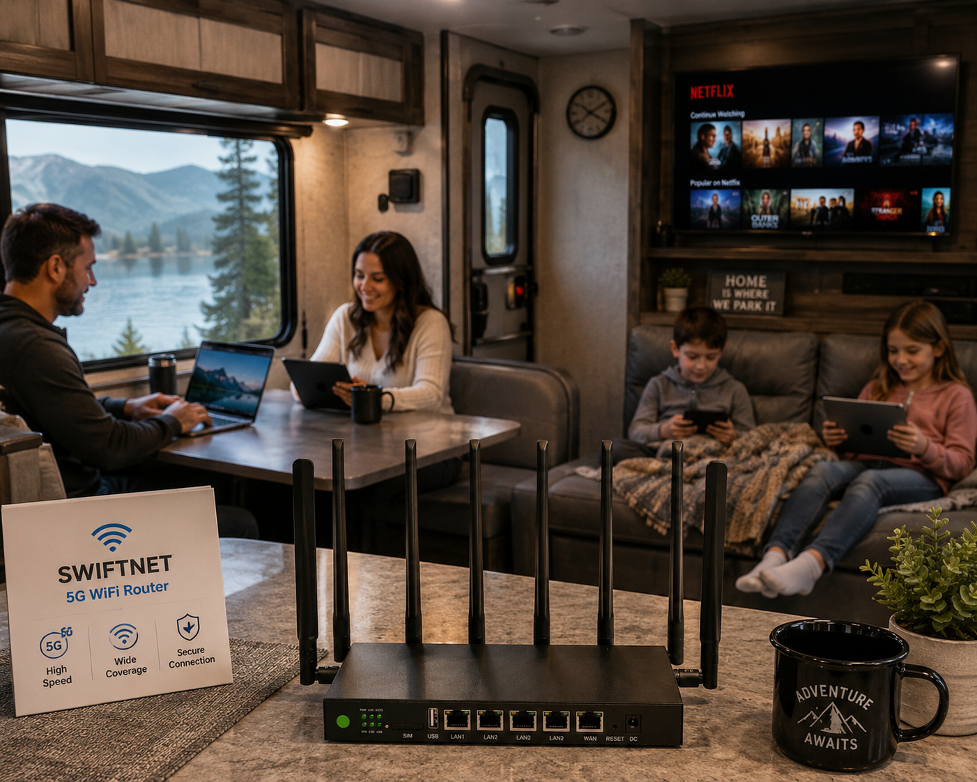 Family inside an RV living room with a Wi-Fi router on the counter, a large TV displaying Netflix, and children using tablets and phones, with a scenic lake and mountains visible through the window.