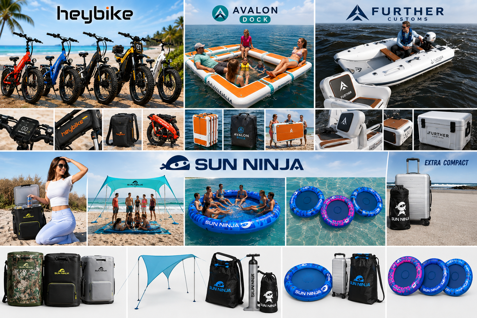 Collection of outdoor recreational equipment and accessories for water and beach activities. Top row features bikes, paddleboard at Avalon Dock with people, and a boat from Further Customs. Middle row shows a woman with a cooler, family on beach with Sun Ninja canopy, inflatable pool, and small swim rings with Sun Ninja branding. Bottom row displays suitcases, beach tent, and various inflatable pool floats, all branded with Sun Ninja logos.