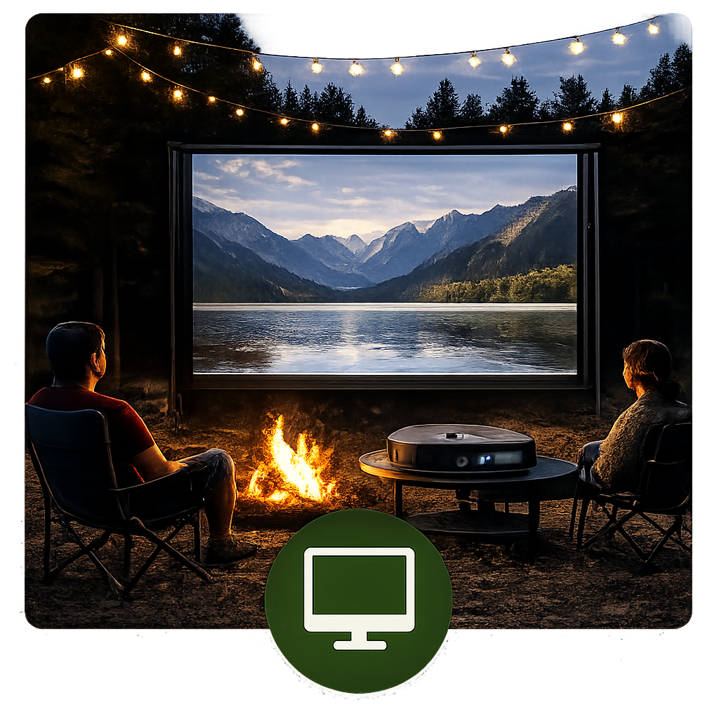 Two people sitting on chairs outdoors at night, watching a large outdoor movie screen showing a mountain lake with mountains in the background, string lights hanging above, and a campfire burning between them.