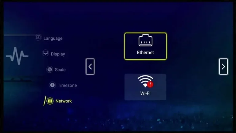 Network settings menu showing Ethernet option selected and Wi-Fi option with a red exclamation mark indicating no connection.