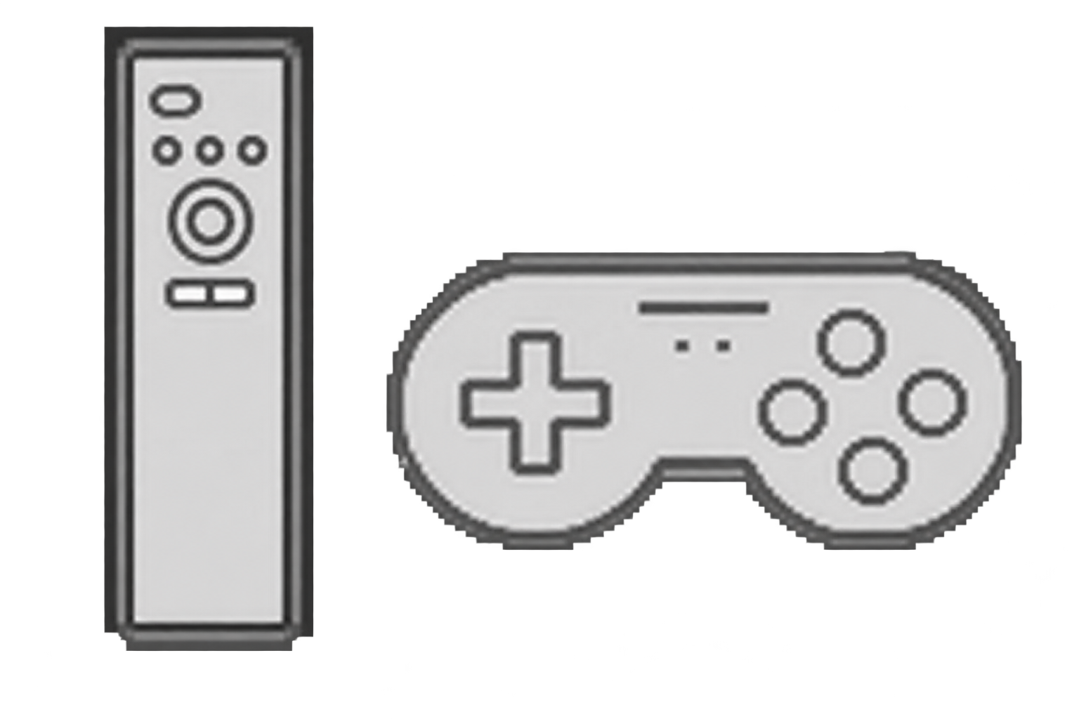 A remote control device with a gray body featuring different control buttons, positioned next to a white game controller with a gray D-pad, face buttons, and a small speaker grille.
