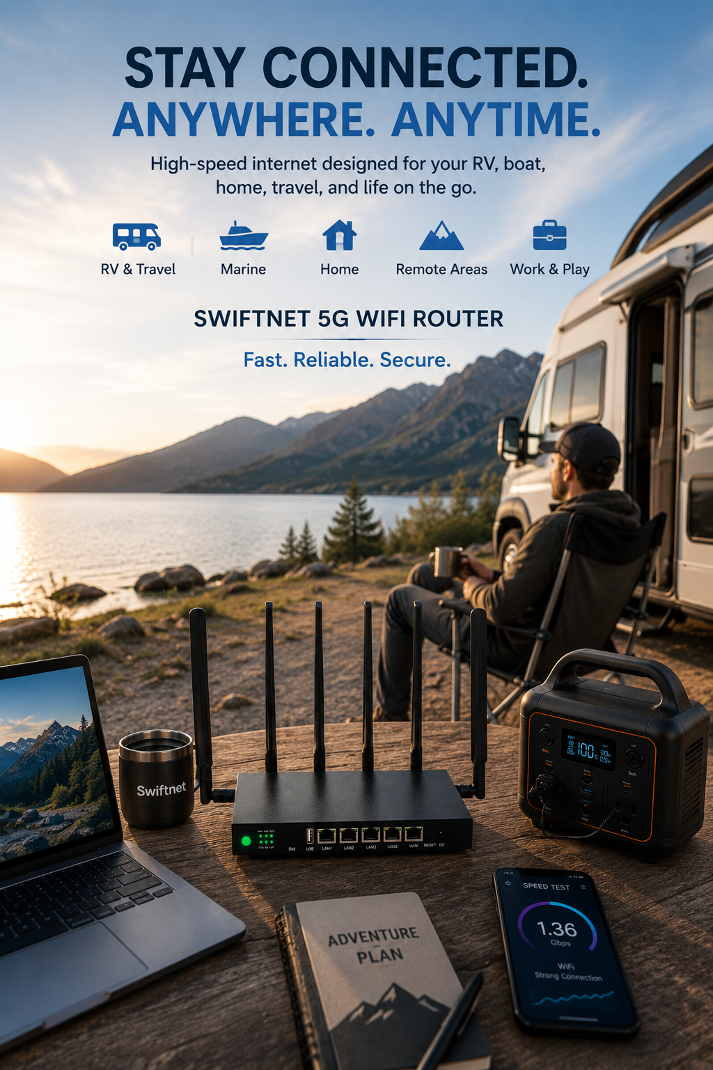 A man seated outside a camper van at a scenic lakeside at sunset, with mountain scenery in the background. On the table, there are electronic devices including a laptop, a Wi-Fi router, a power station, and a smartphone displaying speed test results, along with a notebook labeled 'Adventure Plan' and a mug.