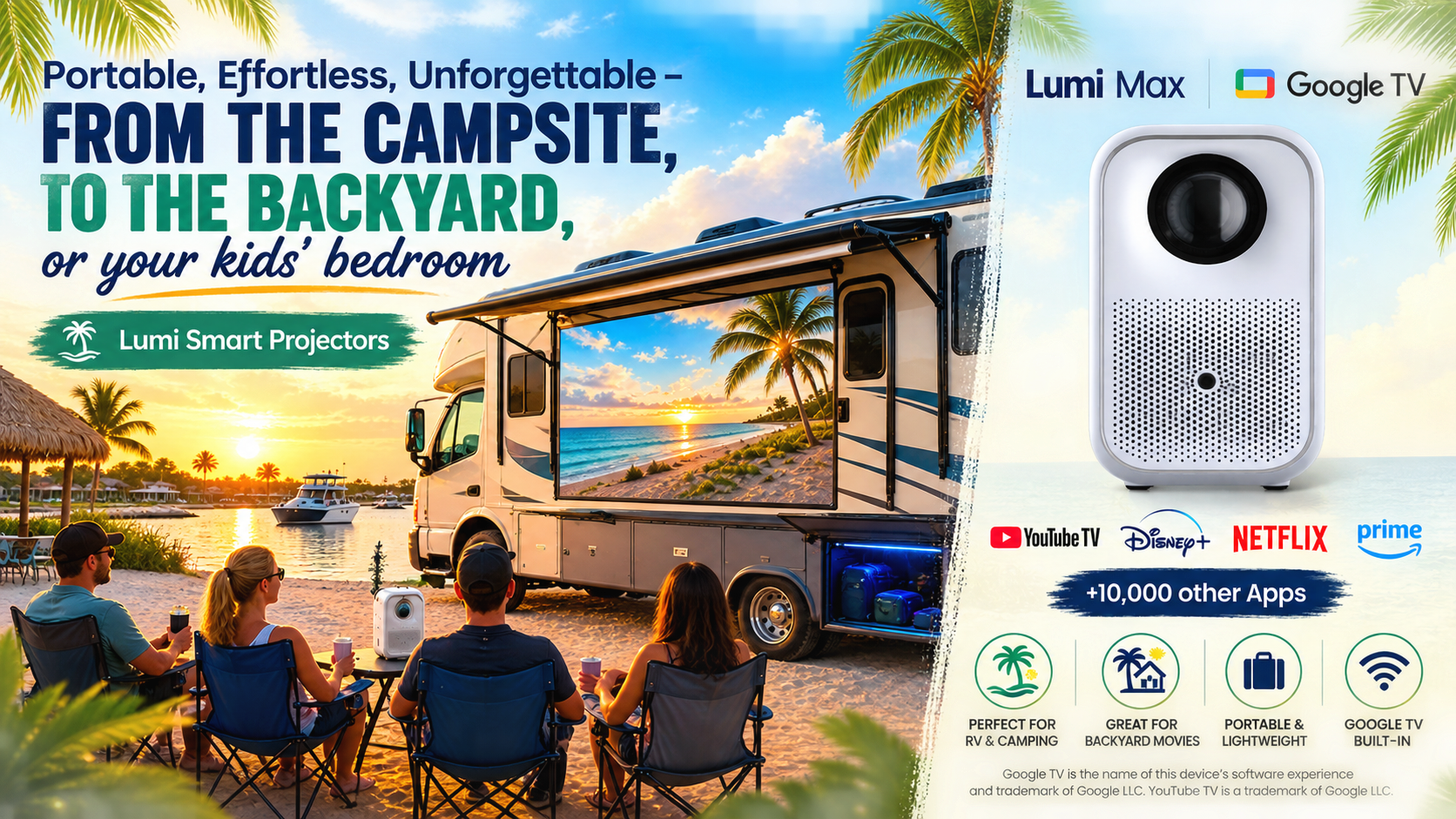 Advertisement for Lumi Max smart projectors showing a camping scene with a motorhome, a family sitting outside with drinks, palm trees, boats, and a sunset, highlighting features like portability, compatibility with streaming services, and suitability for camping, backyard movies, and kids' bedrooms.