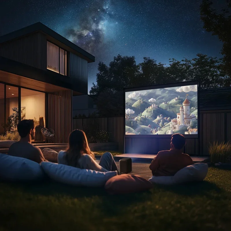 Three people watching a movie outdoors on a large screen in a backyard at night, with a starry sky and the Milky Way visible in the background. They are seated on bean bags in front of a modern house.