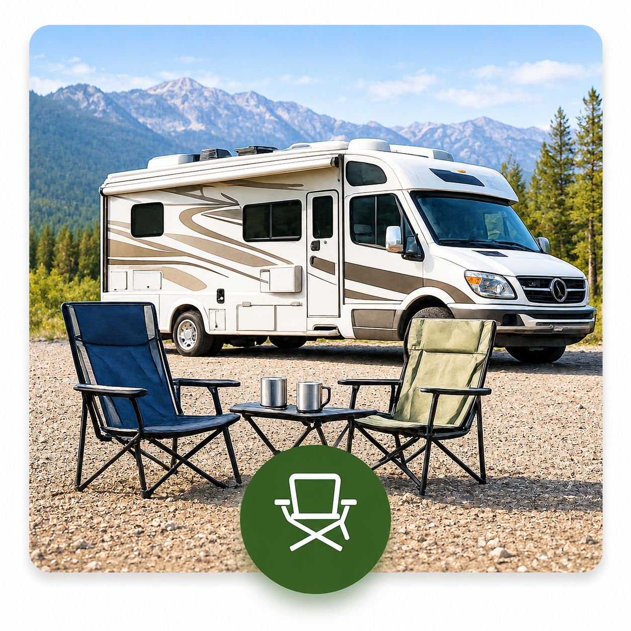 A camper van parked outdoors with a mountain range and pine trees in the background. In front of the camper, there are two foldable camping chairs and a small table with two mugs. A green icon of a camping chair overlays the bottom part of the image.