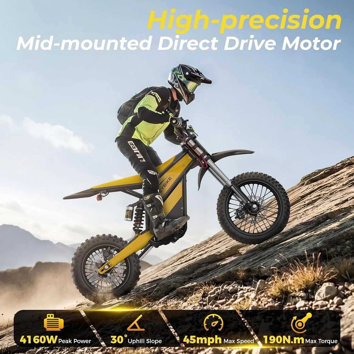 An electric mountain bike rider wearing full protective gear, including a helmet and goggles, over rocky terrain with mountains in the background. The bike features a high-precision mid-mounted direct drive motor with specifications like 4160W peak power, 30-degree uphill slope capability, 45 mph max speed, and 190 Nm max torque.