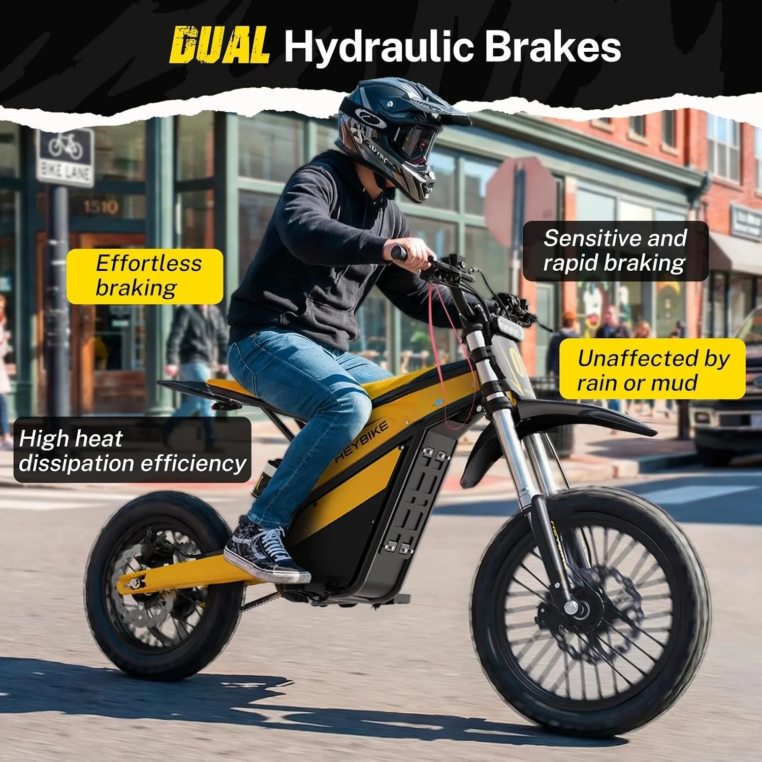 A person riding a yellow and black electric bike on a city street wearing a black helmet, black hoodie, and jeans. The bike features dual hydraulic brakes, and promotional text highlights features such as effortless braking, sensitive and rapid braking, unaffected by rain or mud, and high heat dissipation efficiency.