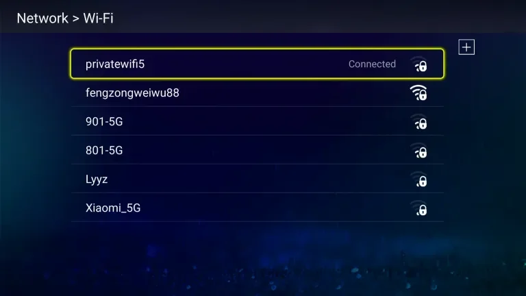Wi-Fi network list on a computer screen showing 'privatewifi5' as connected, with other networks including 'fengzongweiwu88', '901-5G', '801-5G', 'Lyaz', and 'Xiaomi_5G'.