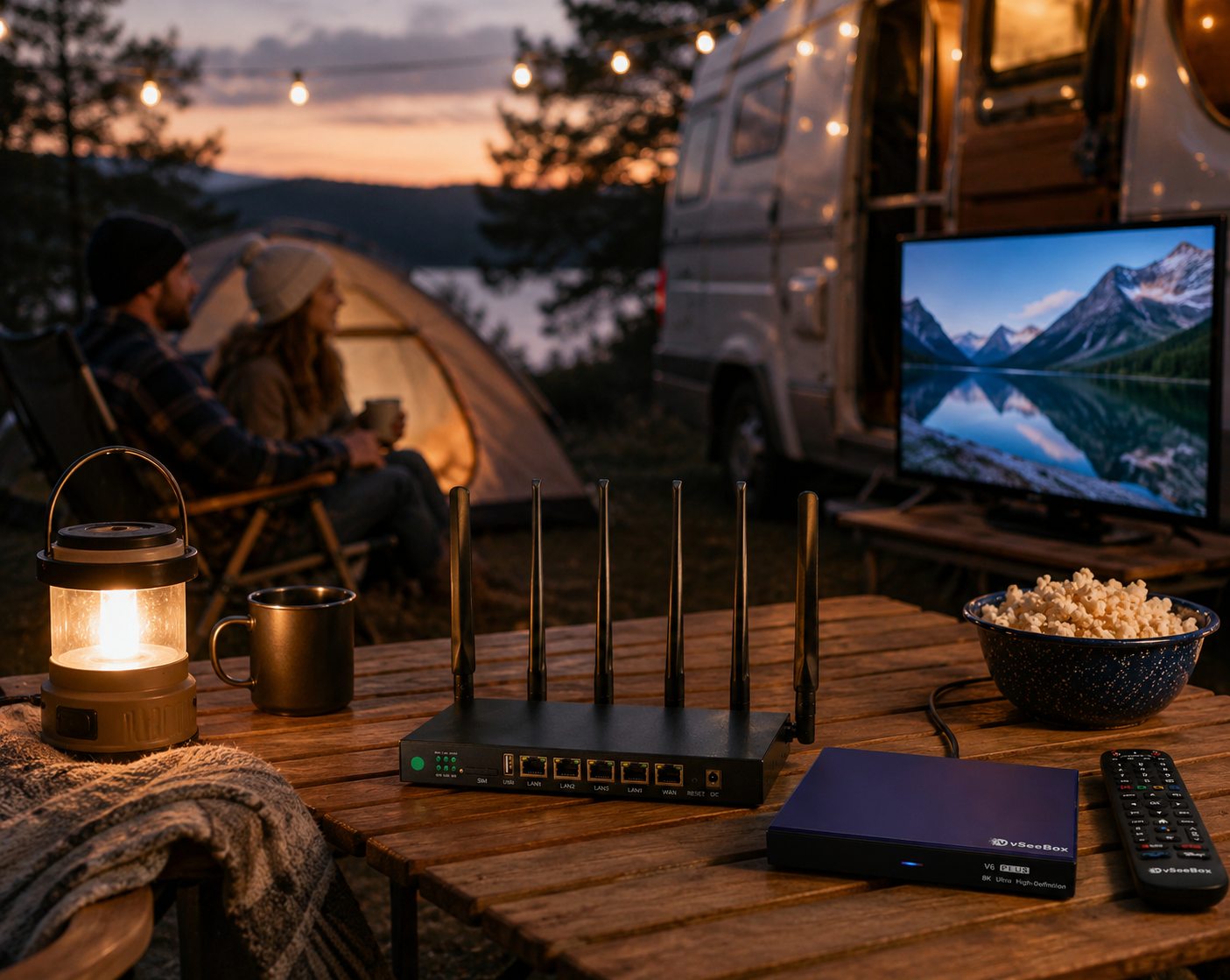 Two people sitting by a tent and campfire watching a landscape on a TV, with a lantern, mug, popcorn, Wi-Fi router, and remote control on the wooden table in the foreground, outdoor scenery at sunset.