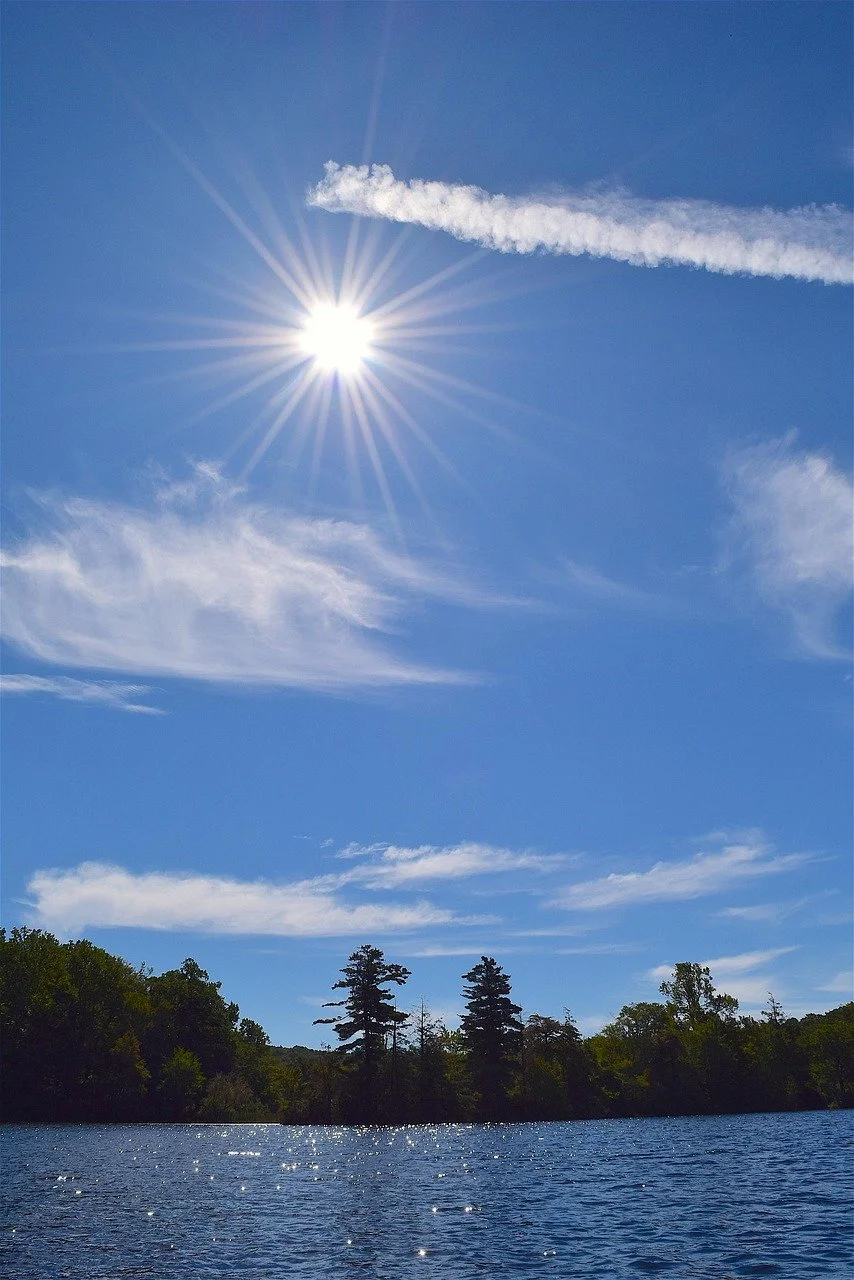 bright sun and blue skies