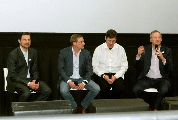 The Rademacher brothers, Isaac and Joe, Chris MacKay and Jacob Rademacher answer questions from the audience after the premiere of the film, Brothers After War.