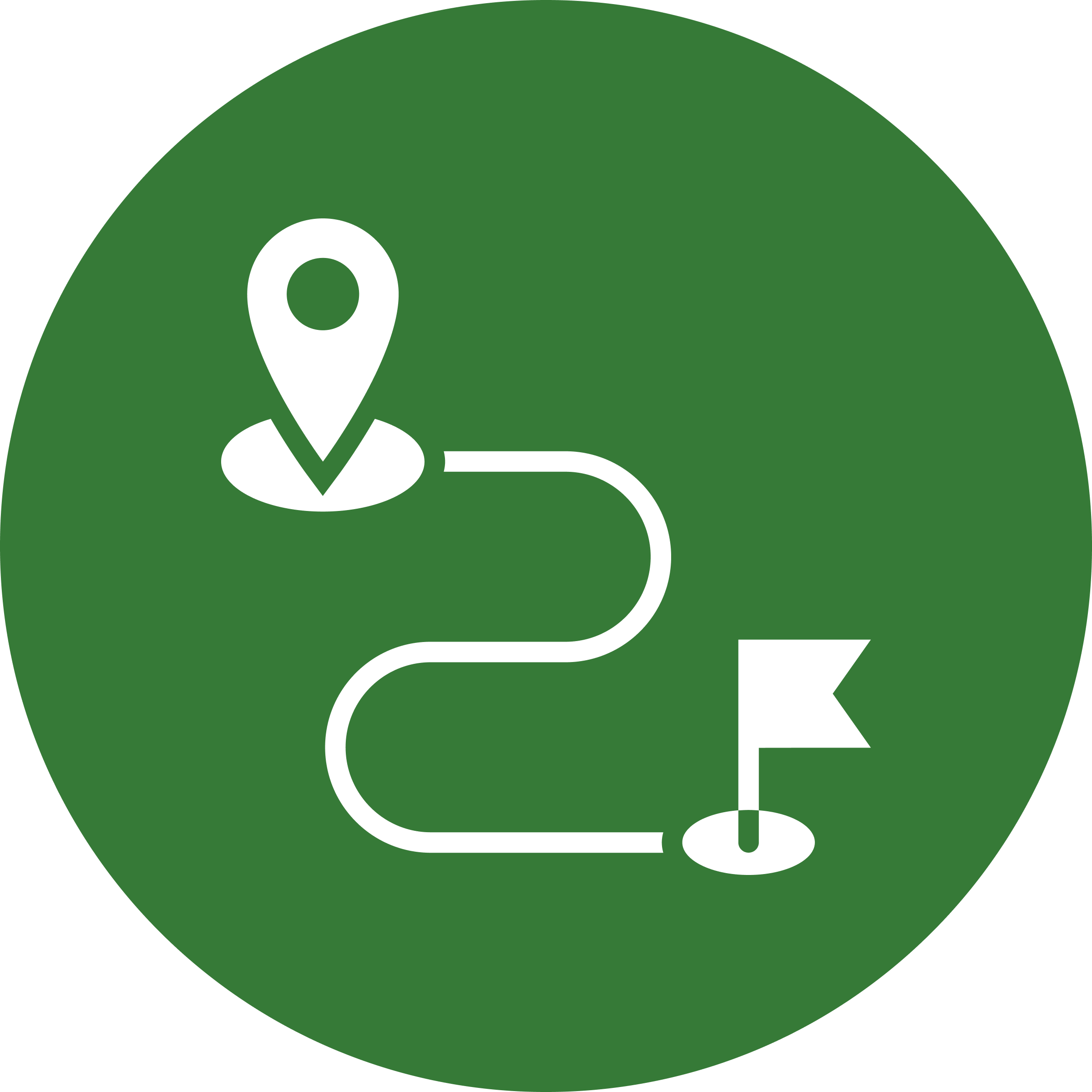 A green circular icon with a white walking trail and a map marker at the starting point leading to a flag at the destination.