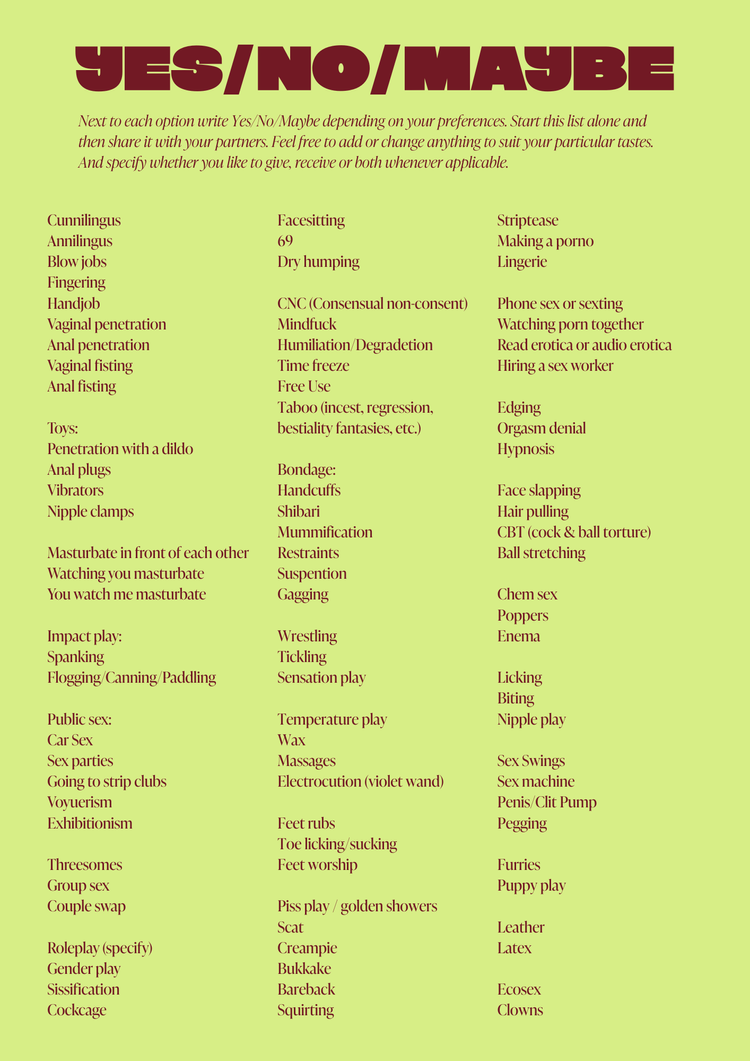 Yes List Unlock Your Pleasure with a Yes/No/Maybe List — Shebop