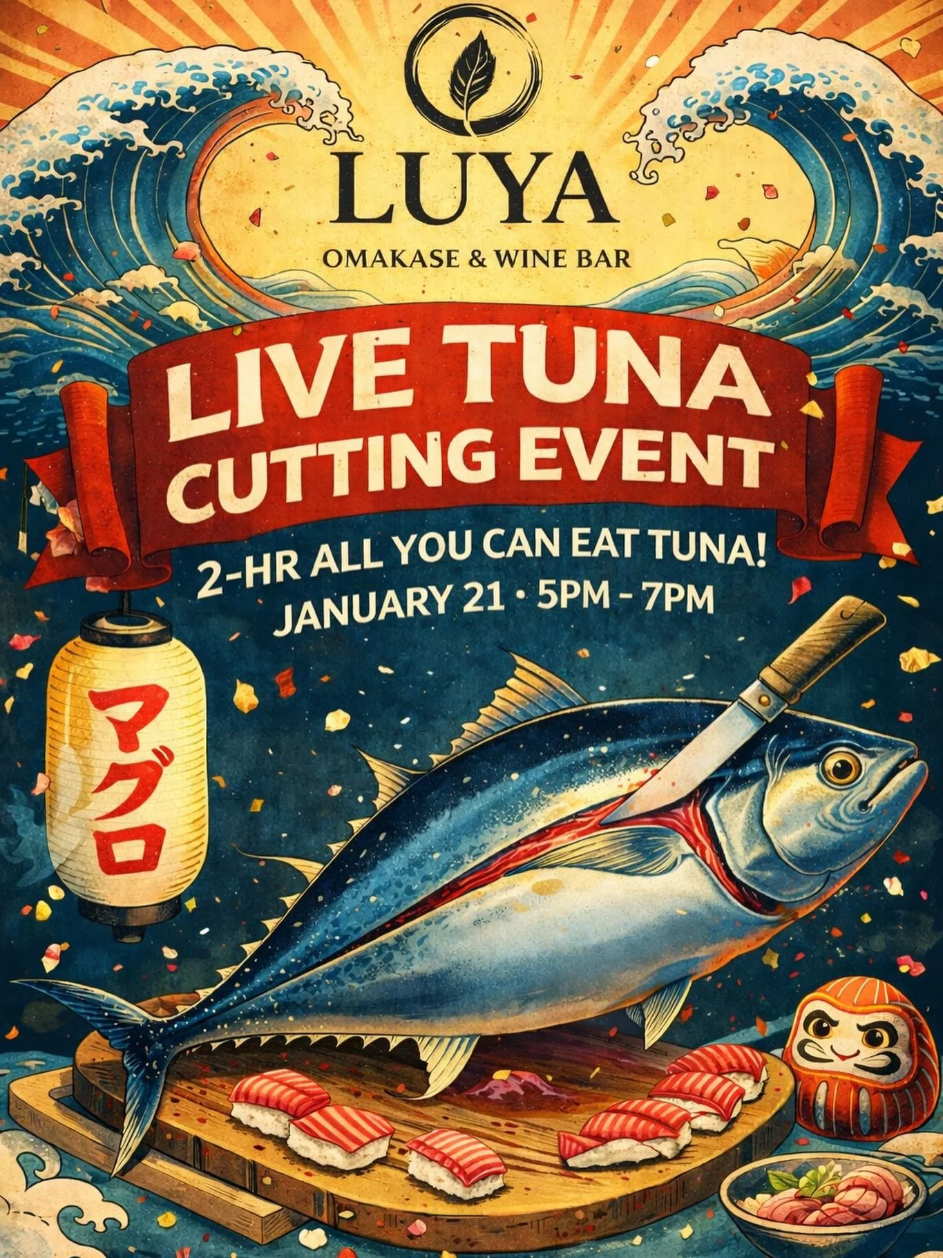 🐟✨LIVE BLUEFIN TUNA CUTTING EVENT✨🐟
Join us on January 21, 2026 | 5&ndash;7 PM for an exclusive Live Tuna Cutting Event at LUYA Omakase &amp; Wine Bar.

Experience the artistry of whole bluefin tuna breakdown and enjoy 2 hours of all-you-can-eat fr