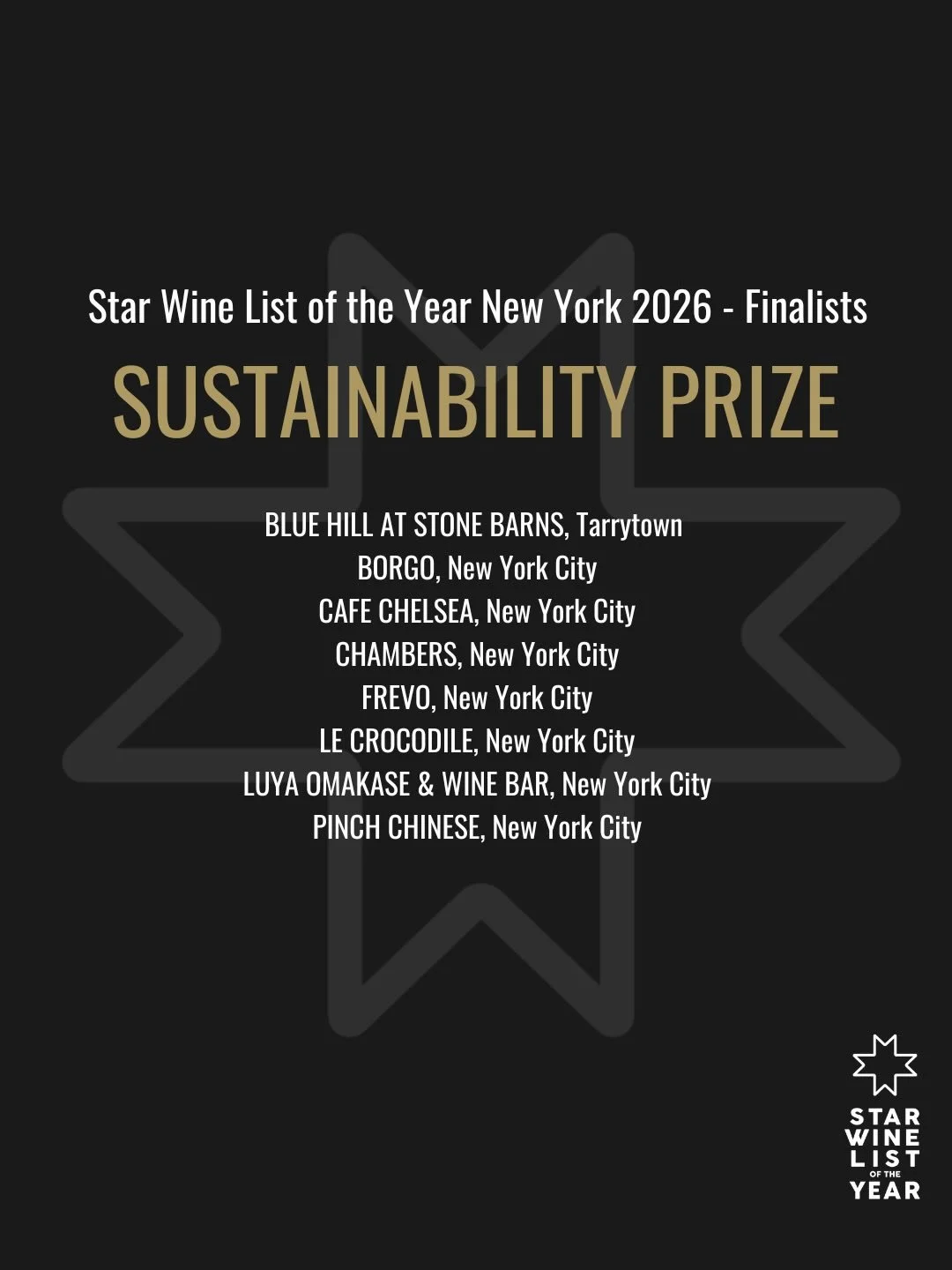 We&rsquo;re so grateful to be nominated as one of the finalists for the Star Wine List of the Year @starwinelist. Such a honor to be nominated for Best Newcomer, but seeing our wine list recognized as one of NYC&lsquo;s most sustainable means even mo
