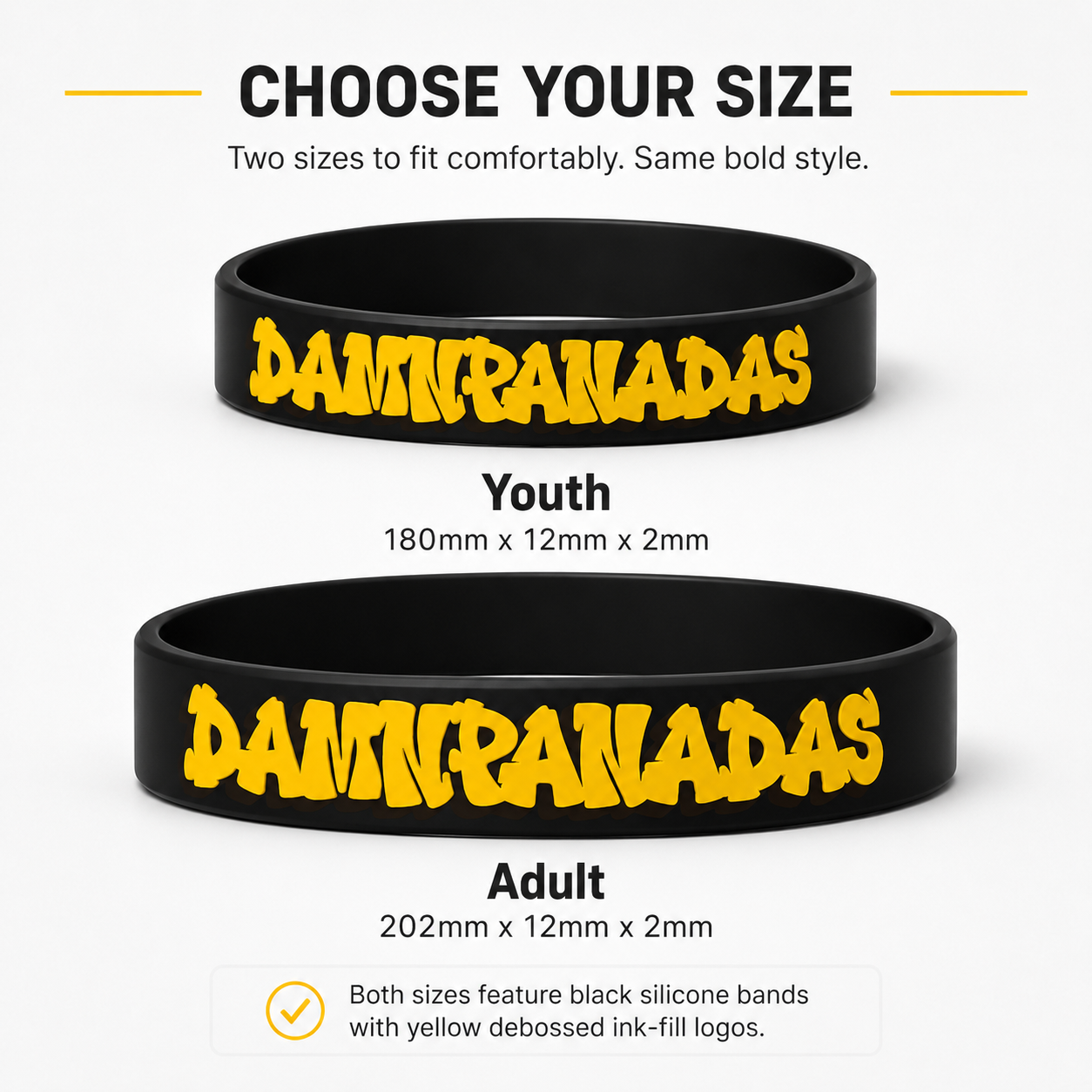 Damnpanadas wristband sizing chart for adult and youth.