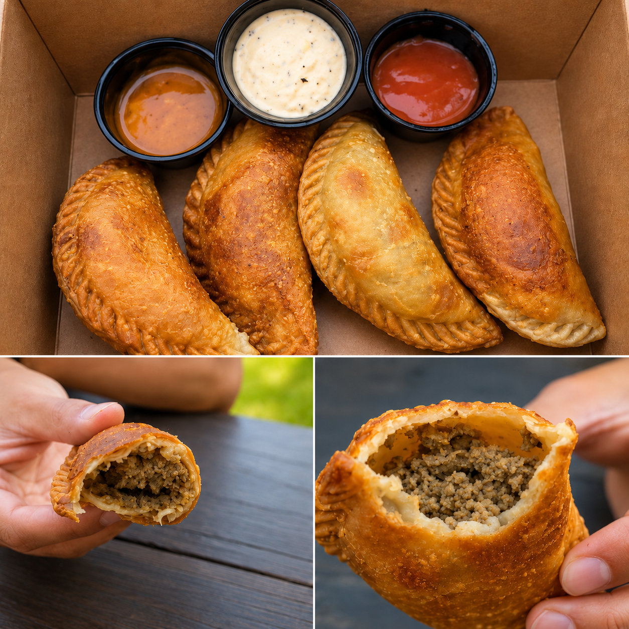 A box of four fried empanadas with three dipping sauces. Two hands are holding halves of empanadas, showing the meat filling inside.