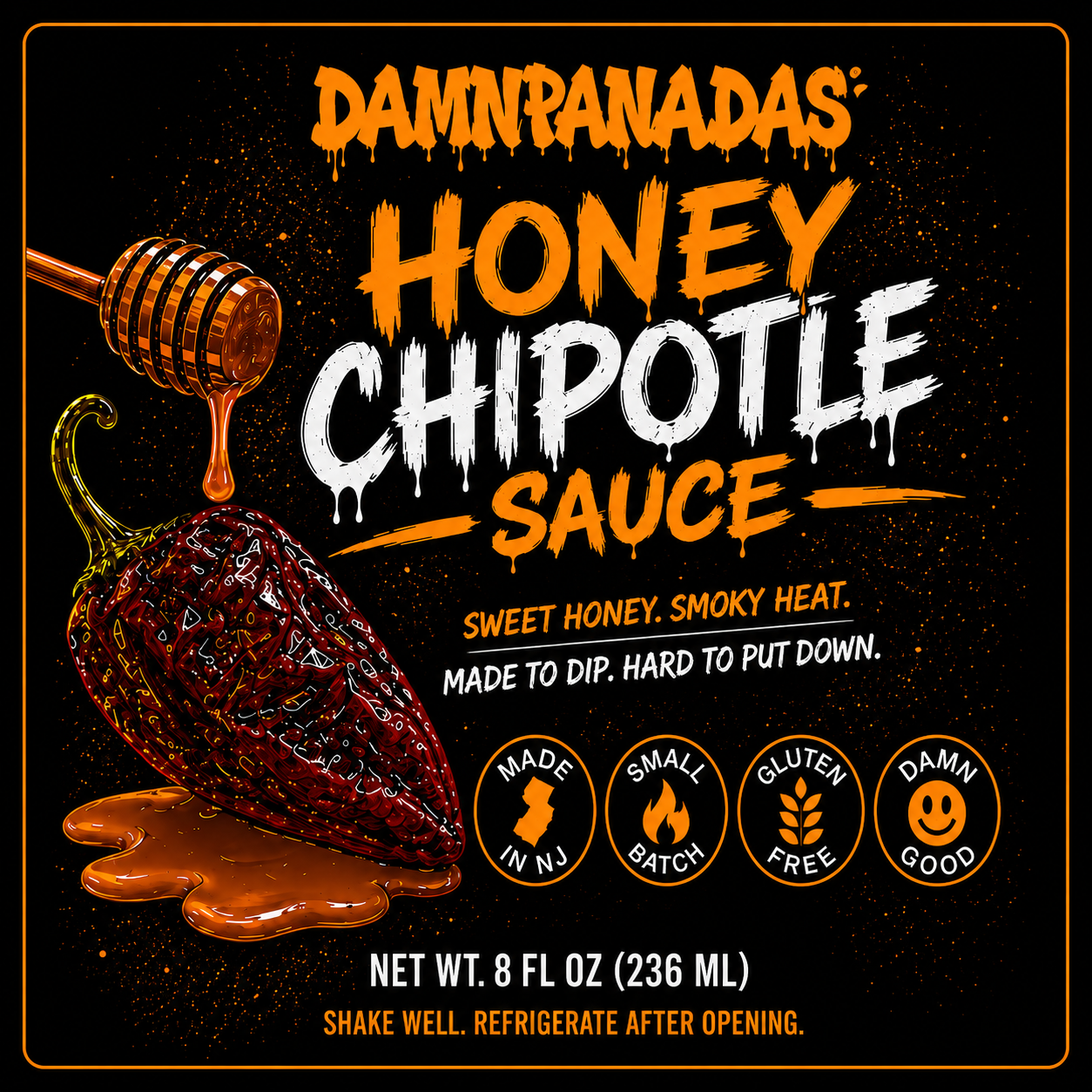 Damnpanadas Honey Chipotle Sauce label closeup.