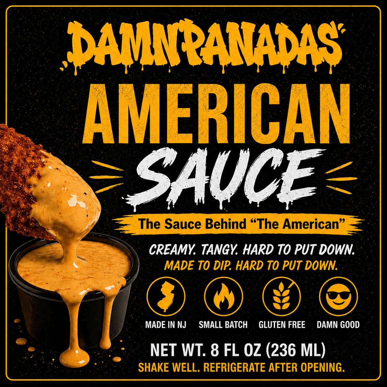 Damnpanadas American Sauce label closeup.