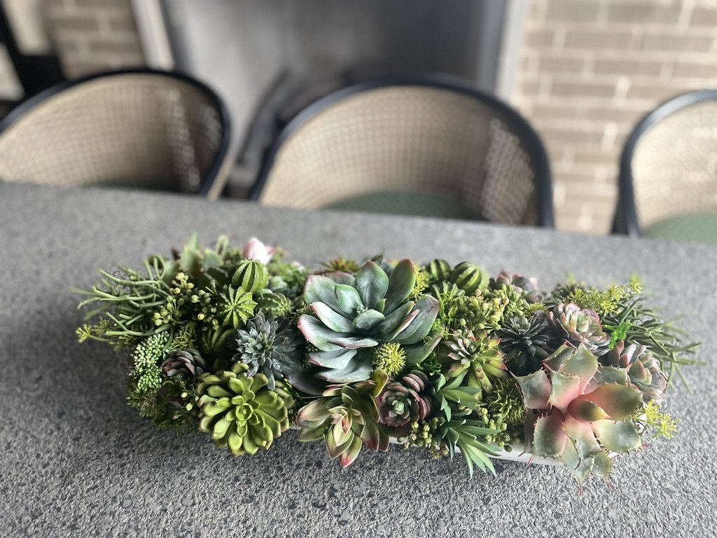 Colorful succulent arrangement on a concrete surface, with wicker-backed chairs in the background.
