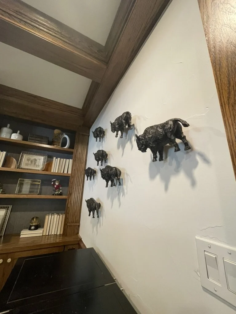 Wall with buffalo sculptures and wooden bookshelves in a room corner.