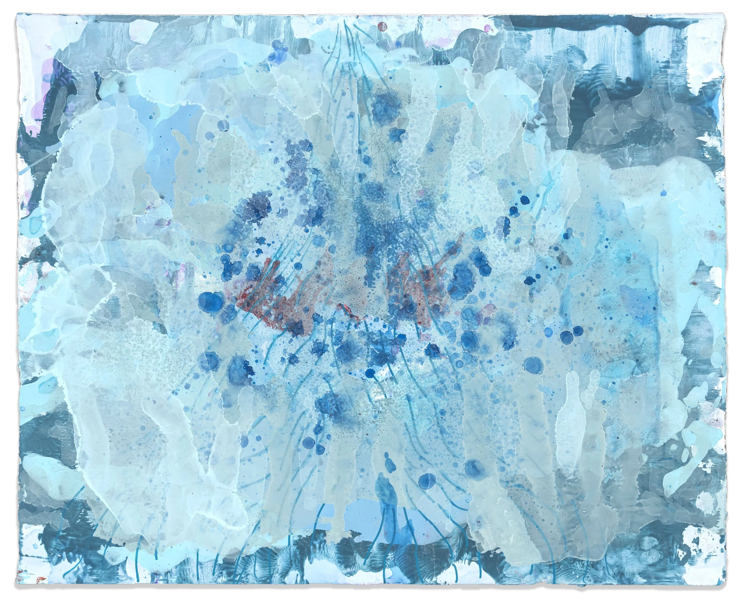 Drift Bite, 2025, acrylic & seawater on paper, 24.5 x 30 inches.