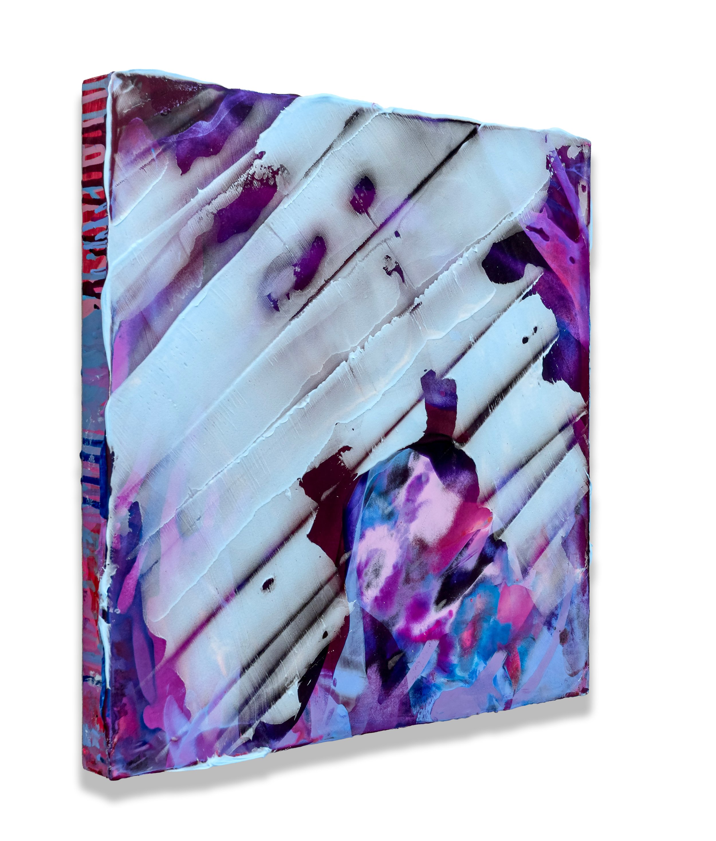 Purple Rain (3/4 view), 2026, acrylic on panel, 18 x 18 x 1.5 inches.