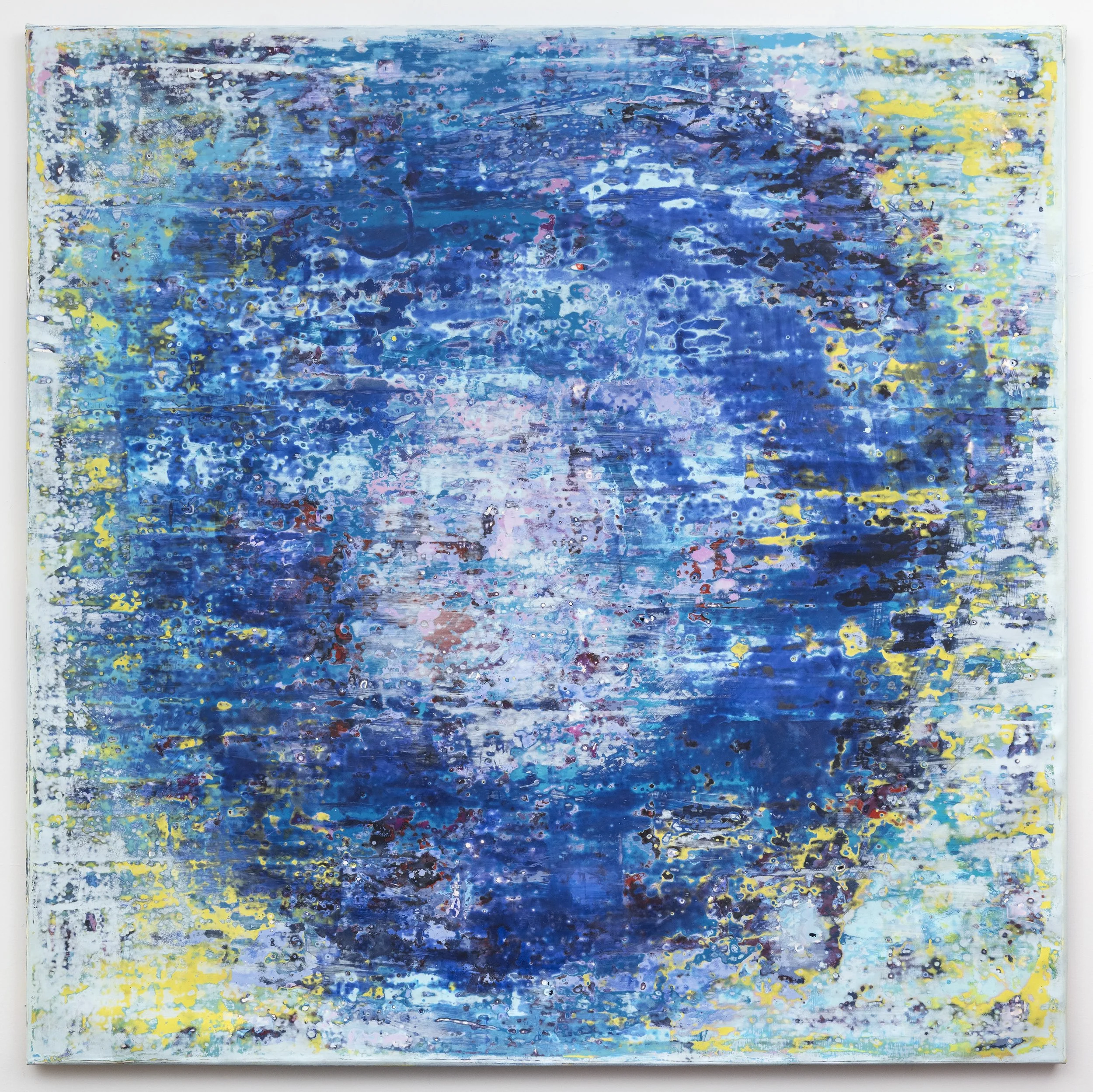 Still Traversable, 2026, acrylic & beach glass on canvas, 71 x 71 x 1.5 inches.