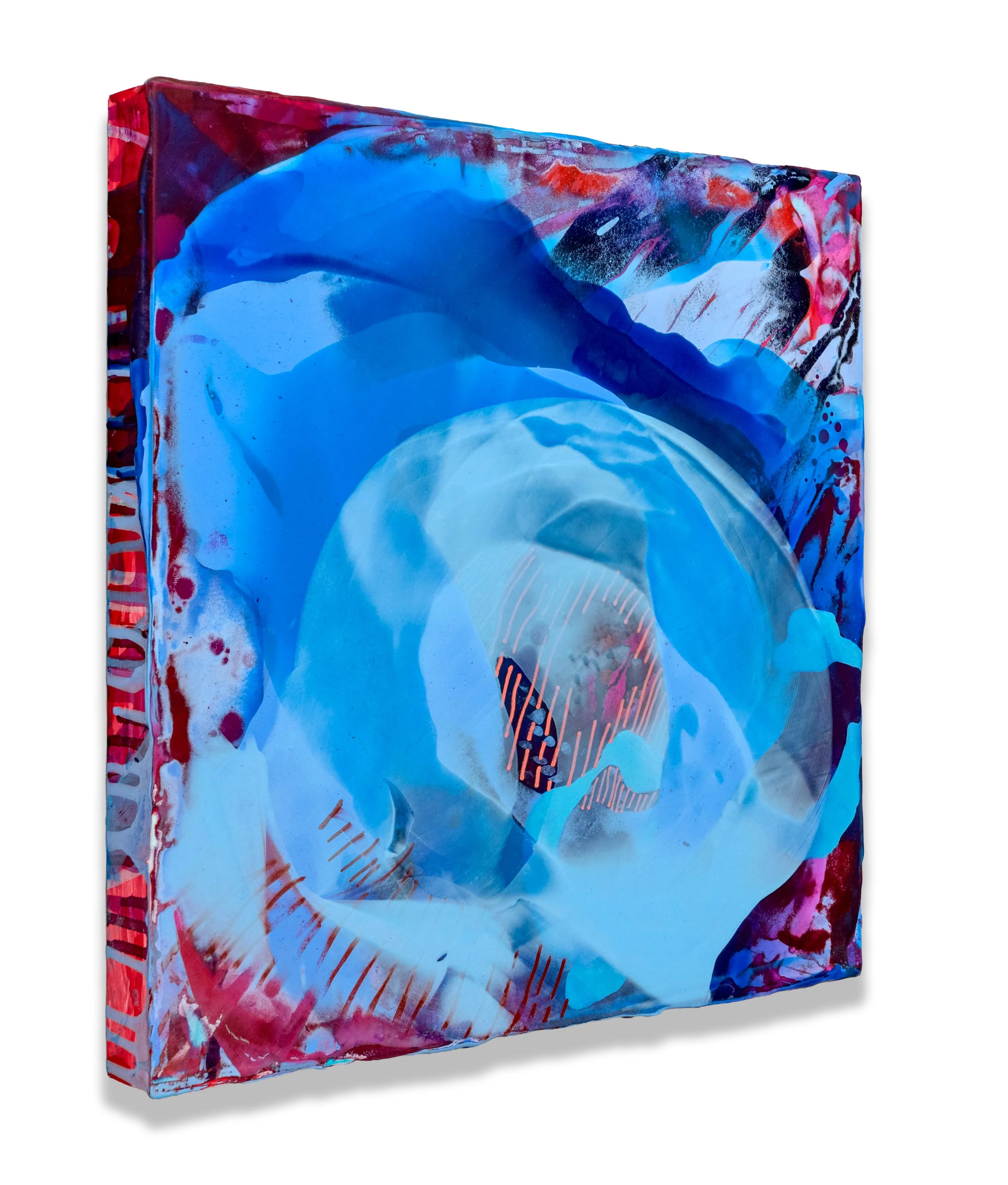 Bubblegum Ocean (3/4 view), 2026, acrylic & seawater on panel, 16 x 16 x 1.5 inches.