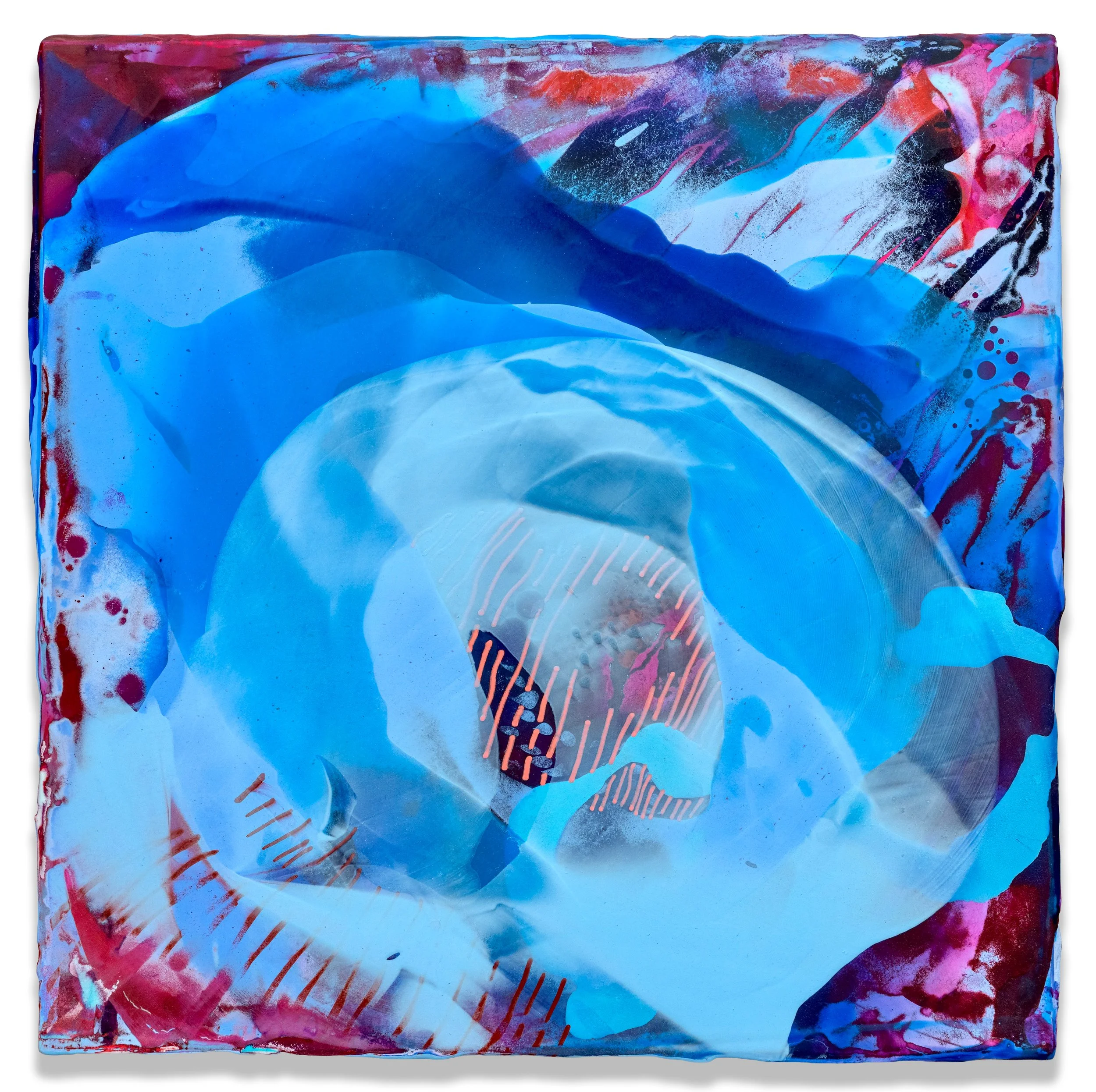 Bubblegum Ocean, 2026, acrylic & seawater on panel, 16 x 16 x 1.5 inches.