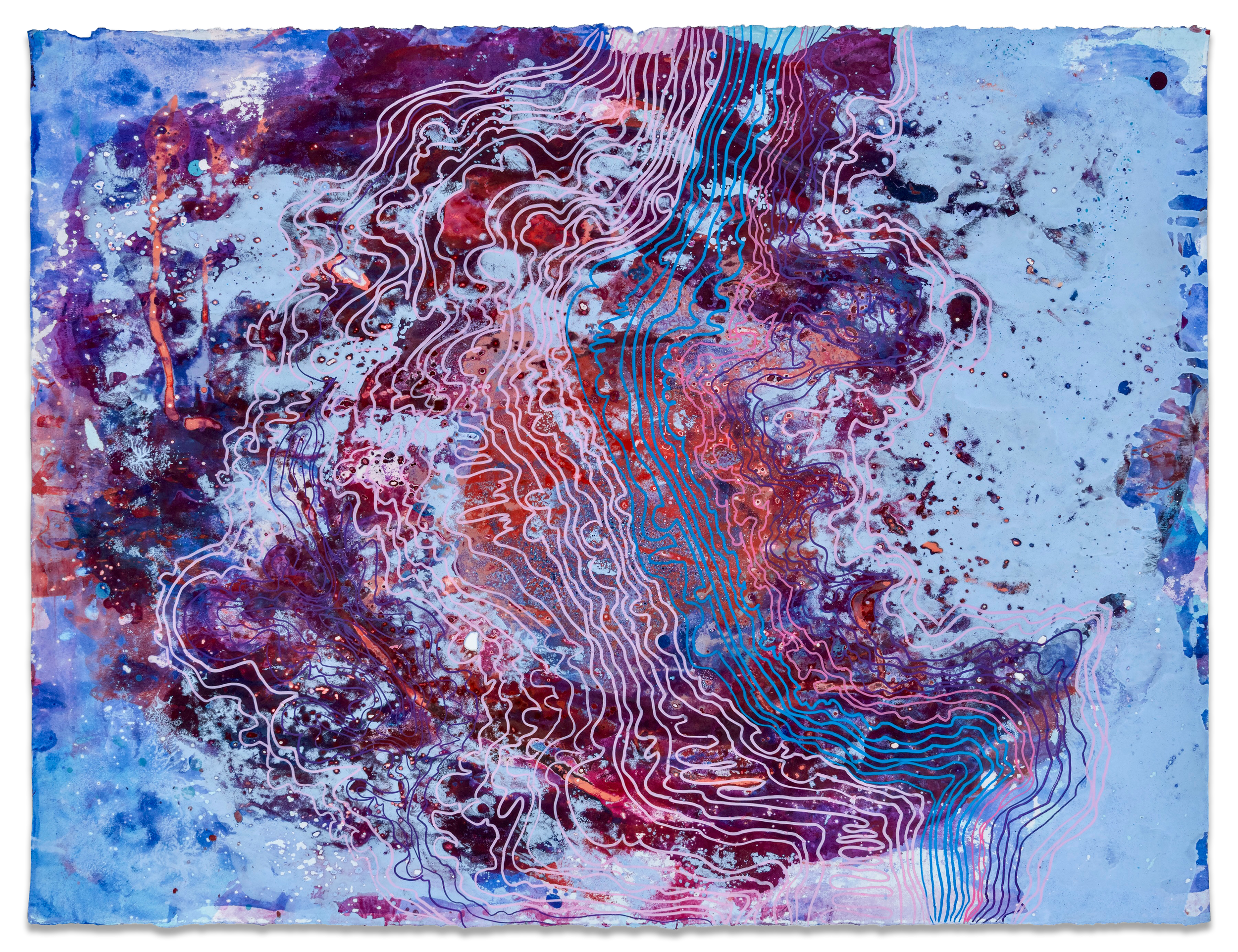 Between Worlds, 2026,
acrylic & seawater on paper, 22.5 x 30 inches.