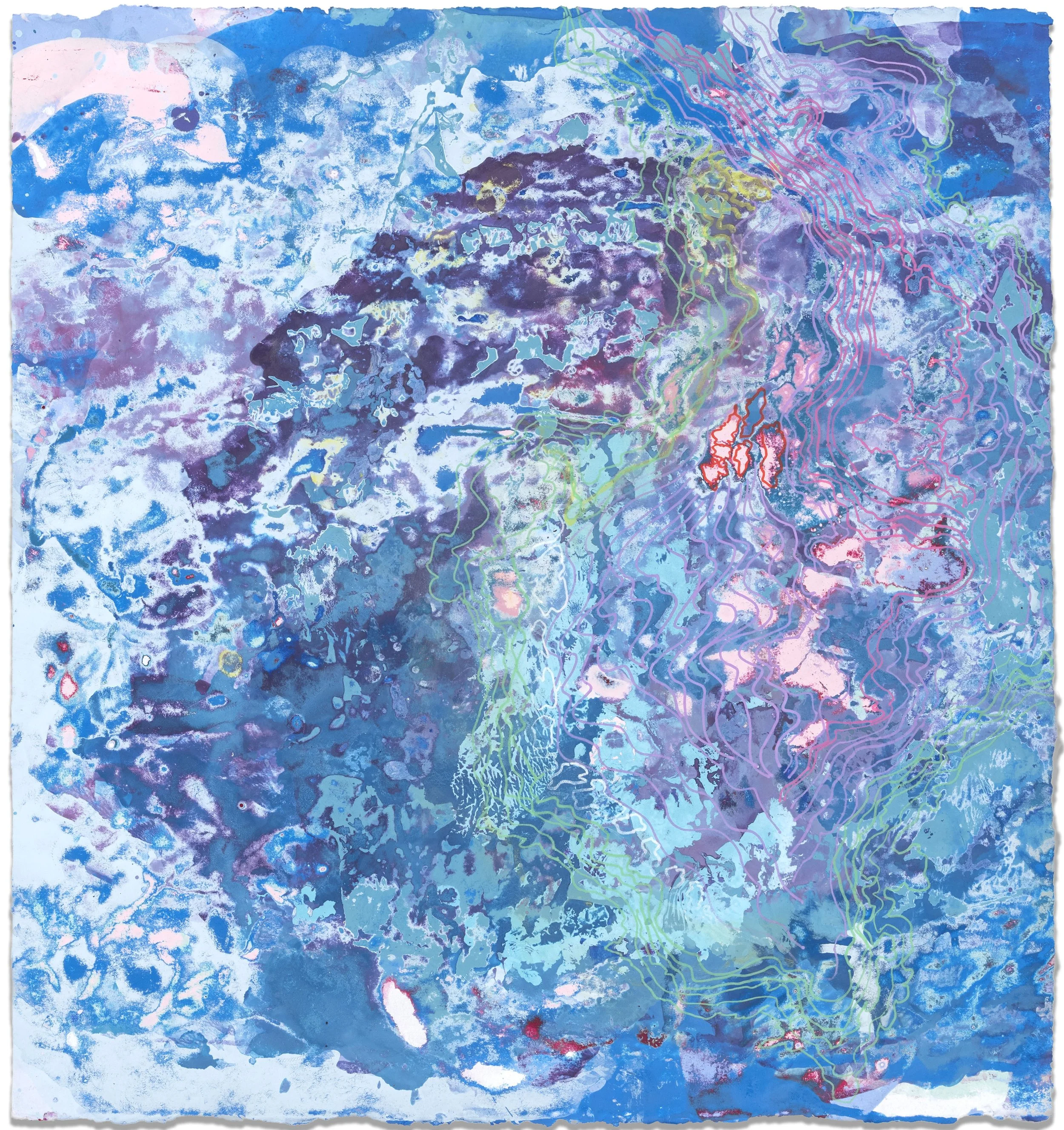 Ripple Track, 2025, acrylic & seawater on paper, 21 x 22.5 inches.