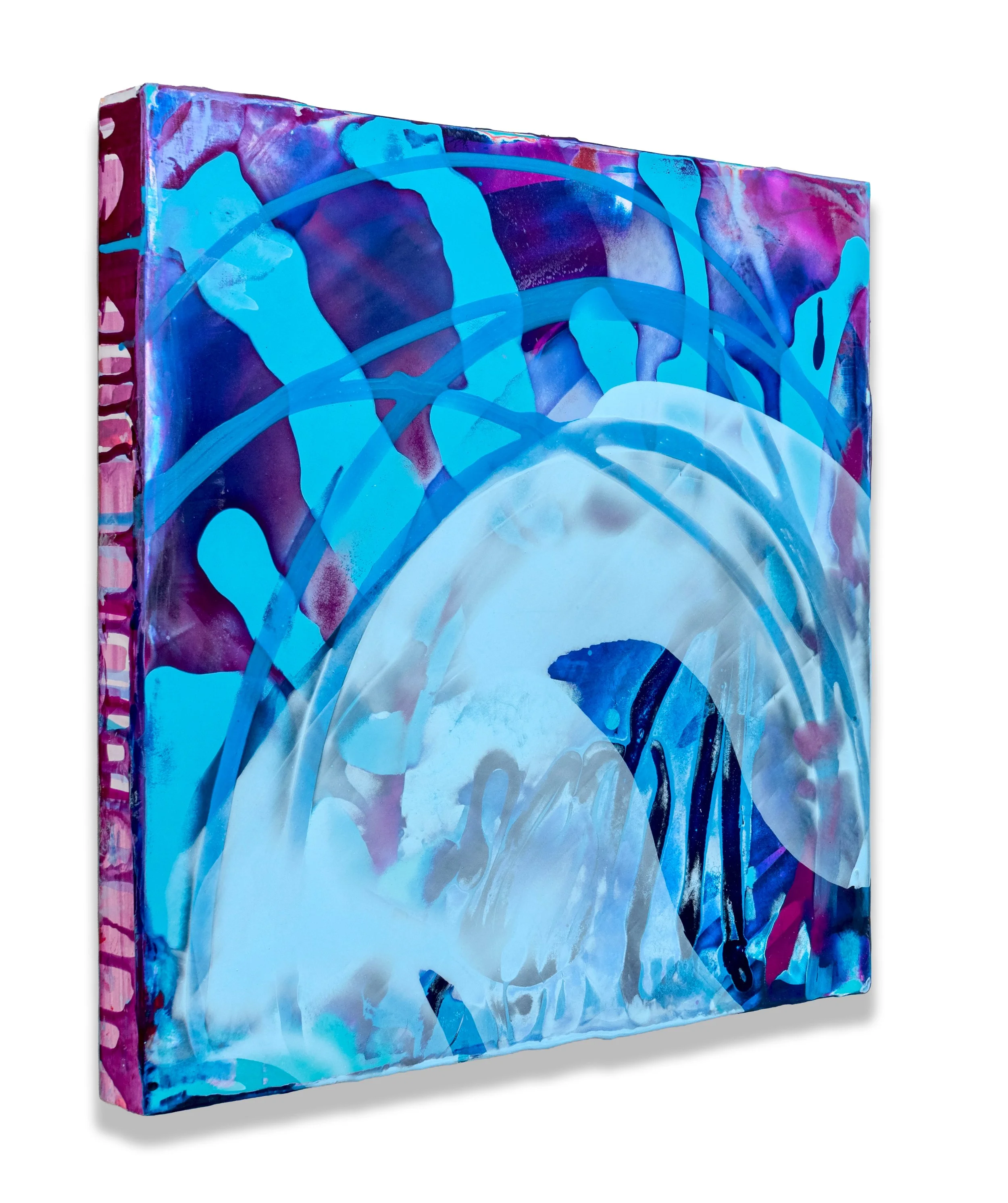 Ghost Circle (3/4 view), 2026, acrylic & seawater on panel, 16 x 16 x 1.5 inches. 