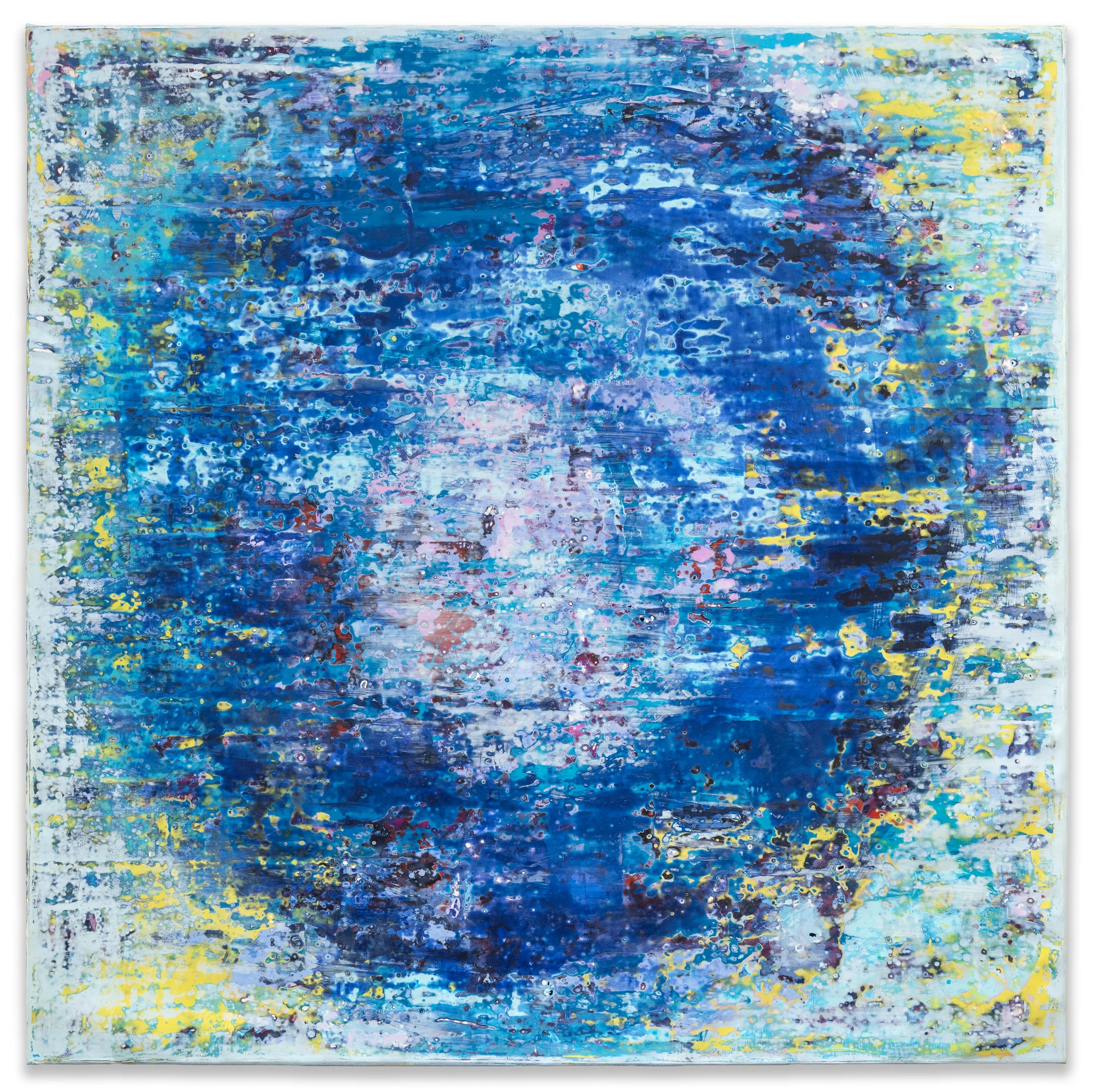 Still Traversable, 2026, acrylic & beach glass on canvas, 71 x 71 x 1.5 inches.