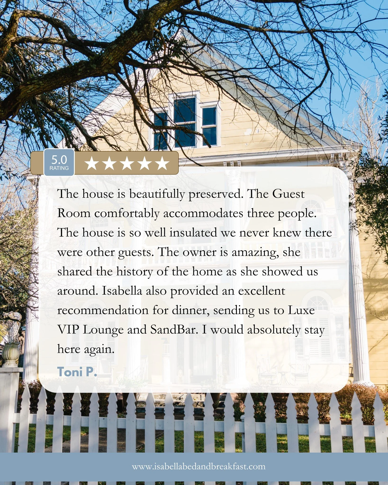 We love hearing from our happy guests!! ⭐⭐⭐⭐⭐ 

Thank you, Toni! We love sharing our home with friends like you.

🚲 Traveling the Natchez Trace? We'd love to welcome you!
🏡 Call Isabel at 601-437-5097 to book your stay. 

#isabellabandb #portgibson