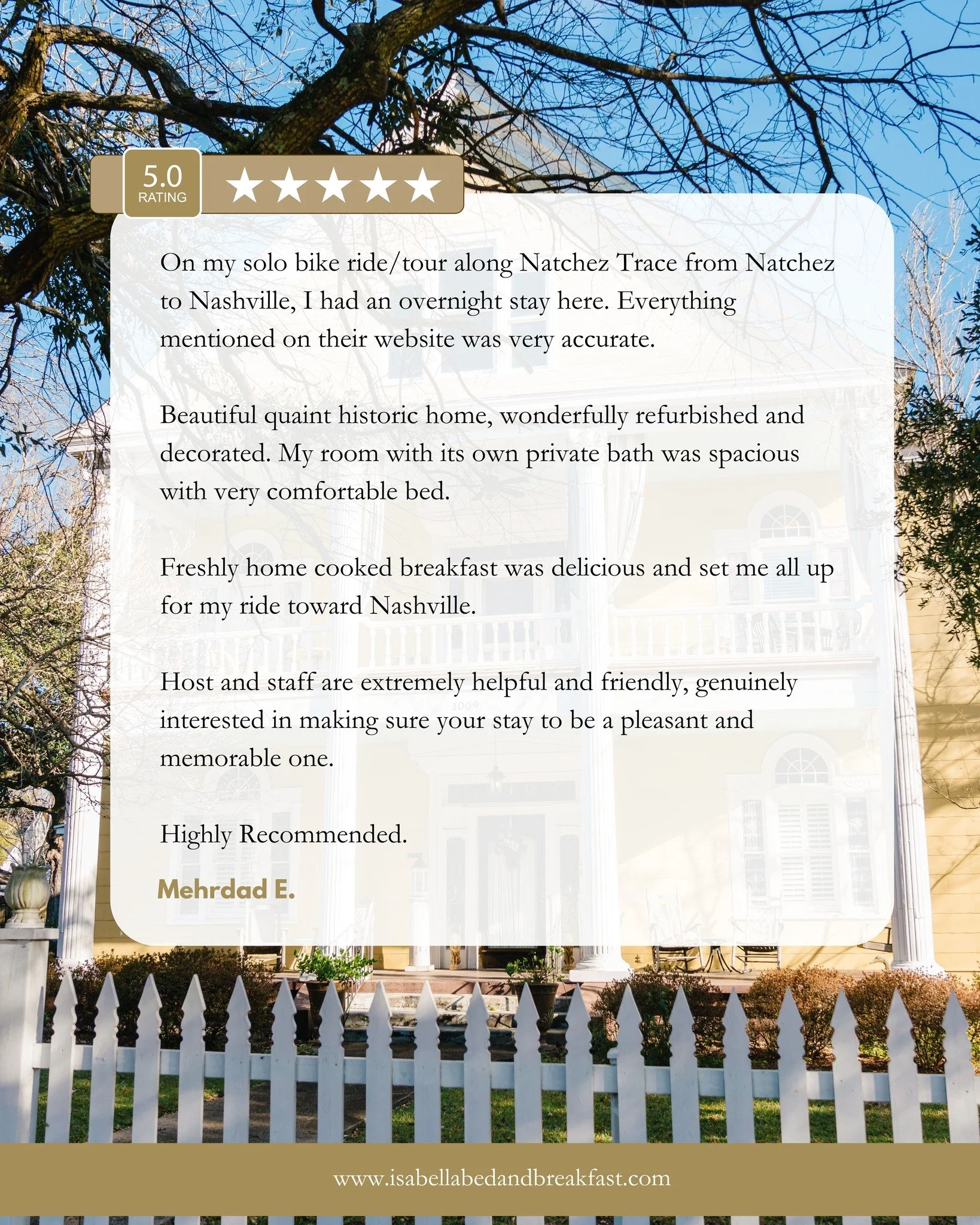 "Host and staff are extremely helpful and friendly..." ⭐⭐⭐⭐⭐

Thank you for your warm review, Mehrdad! It is our pleasure to make sure we go above and beyond for every guest!

🚲 Traveling the Natchez Trace? We'd love to welcome you!
🏡 Cal