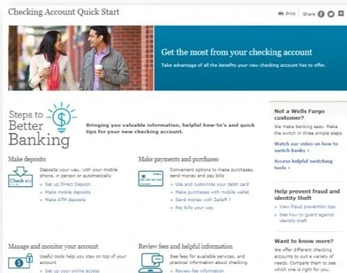 A digital banking guide titled 'Checklist for Better Banking' with steps for making deposits, purchases, managing accounts, and reviewing features, featuring a photo of a man and woman talking outdoors.