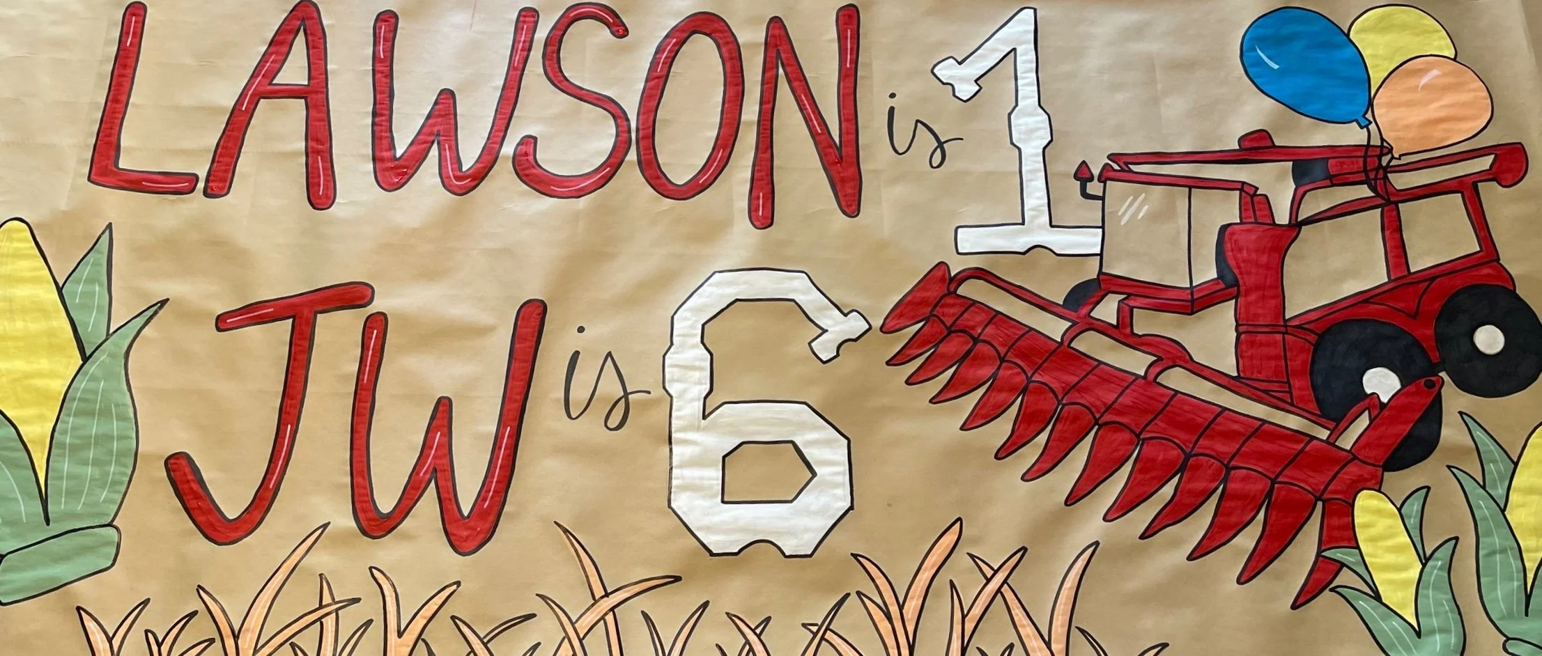 Birthday poster featuring a red tractor with a corn harvester, cornstalks, and balloons on a brown background.