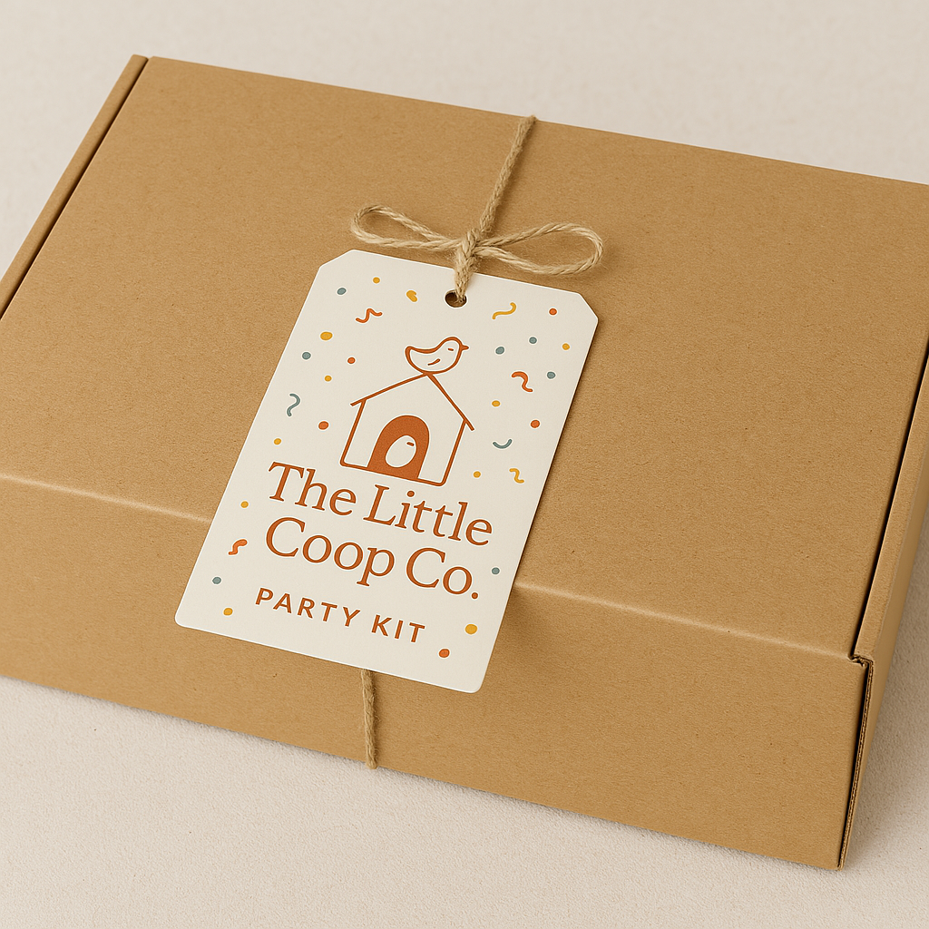 Brown cardboard box with "The Little Coop Co. Party Kit" tag attached by twine.
