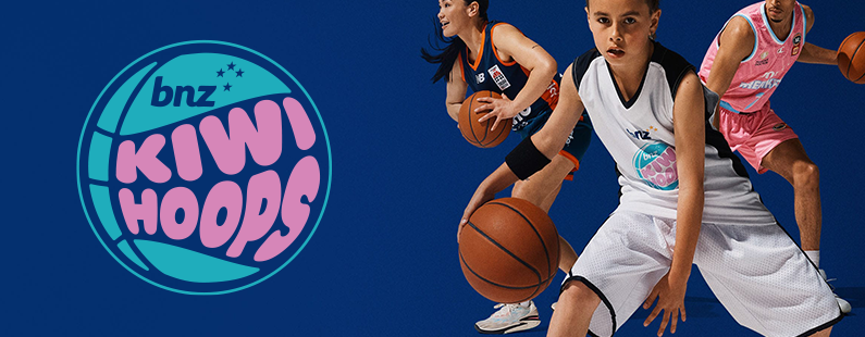 Three young basketball players in action, two females and one male, playing on a blue background with the BNZ Kiwi Hoops logo printed by Excellent Screen Printers.