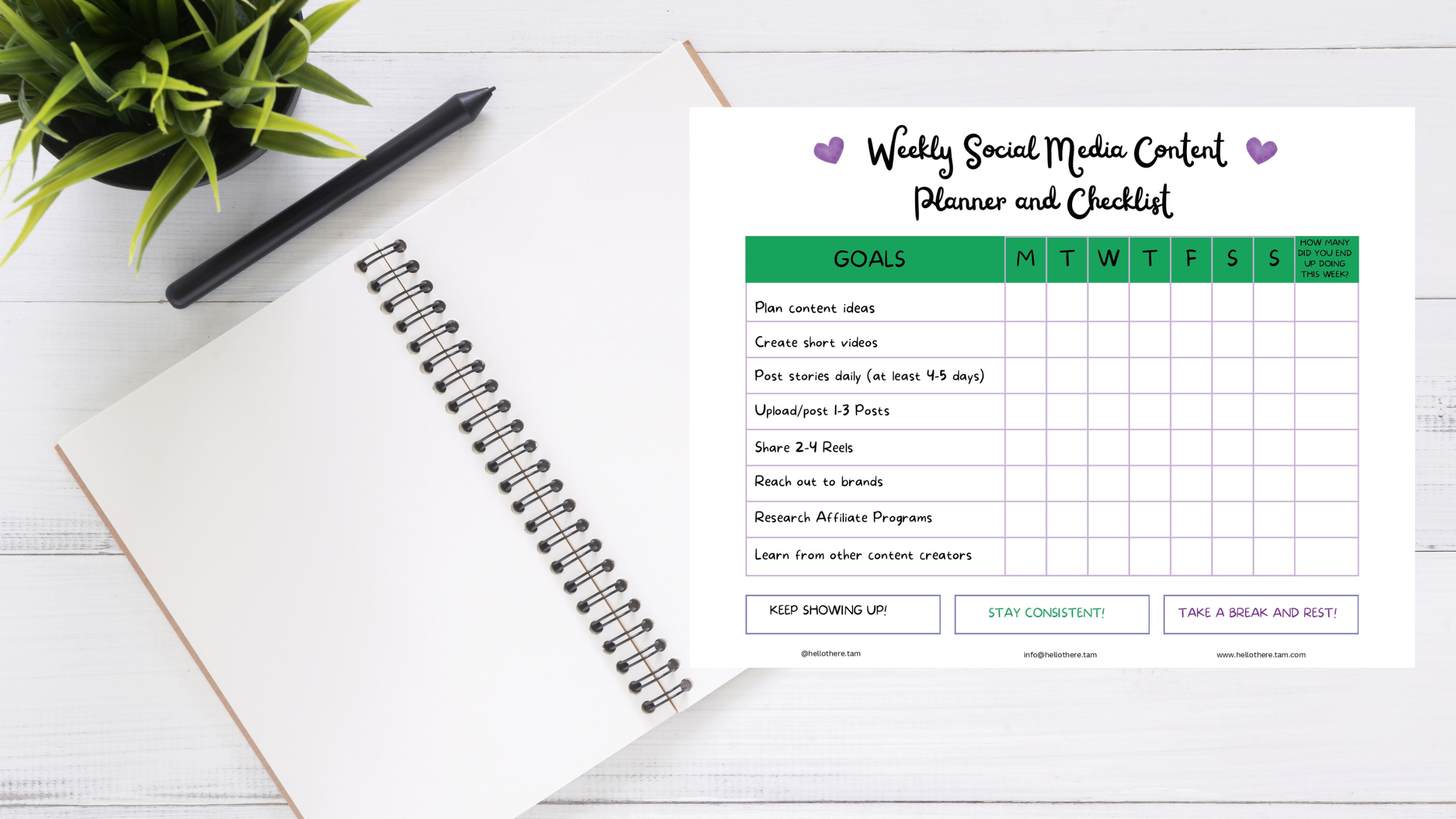 Weekly Social Media Content Planner and Checklist (1 Reuseable Digital Printable PDF Page)