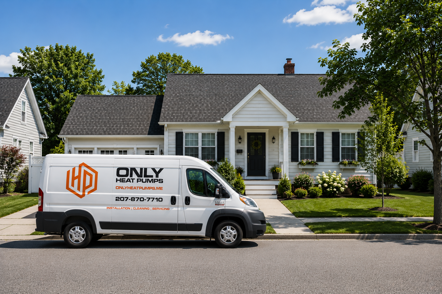 Only Heat Pumps service van parked in front of a home in Southern Maine, ready for professional heat pump installation, maintenance, and service.